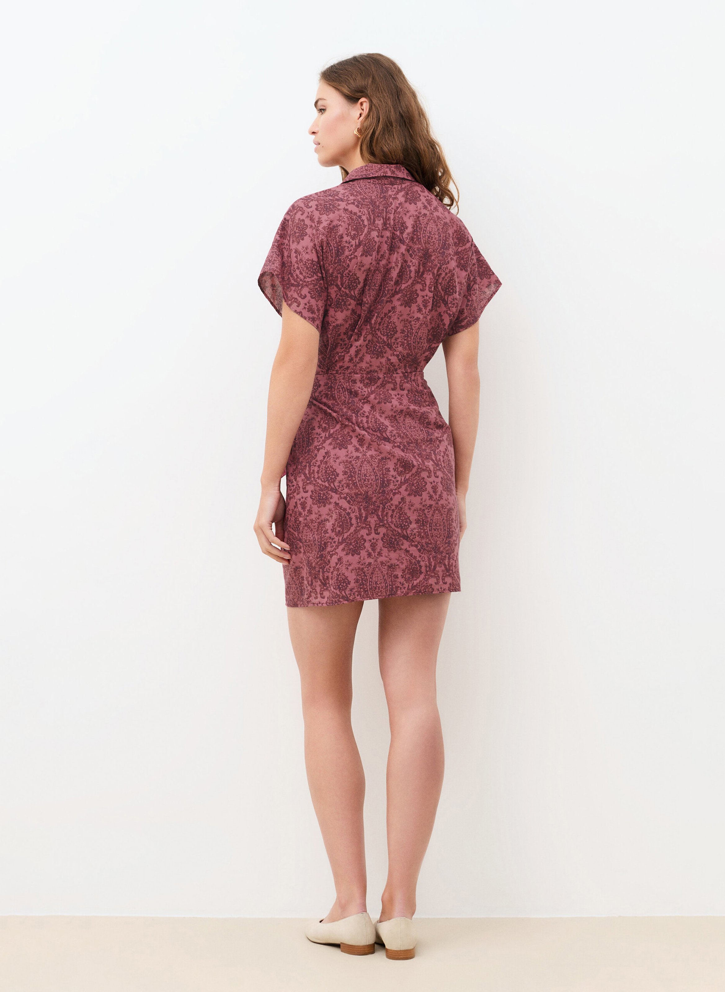 Short printed cotton dress with classic collar CAROLL Red