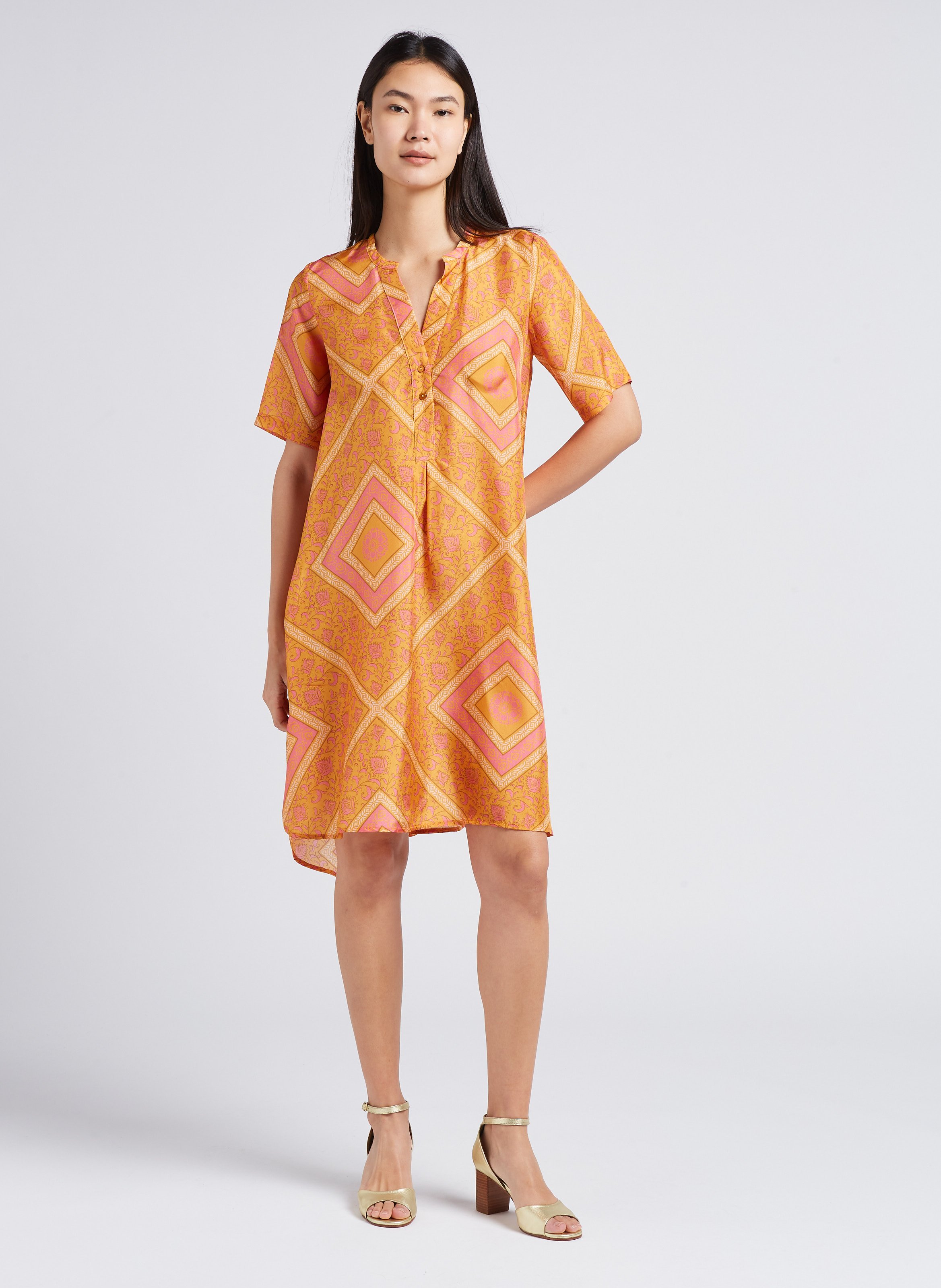 V-neck printed silk midi dress MOMONI Orange