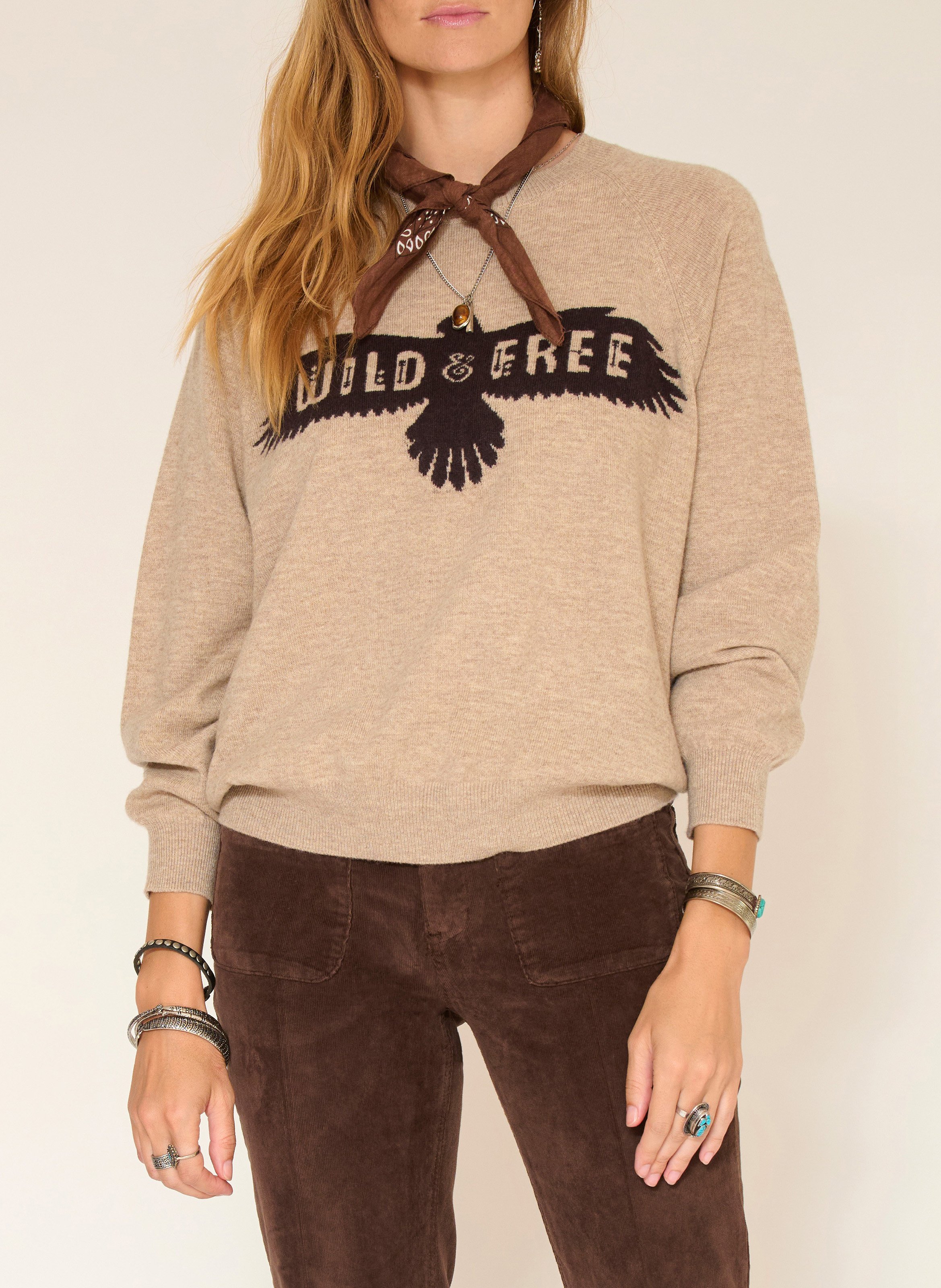 Pull droit col rond jacquard en laine mérinos MKT Marron