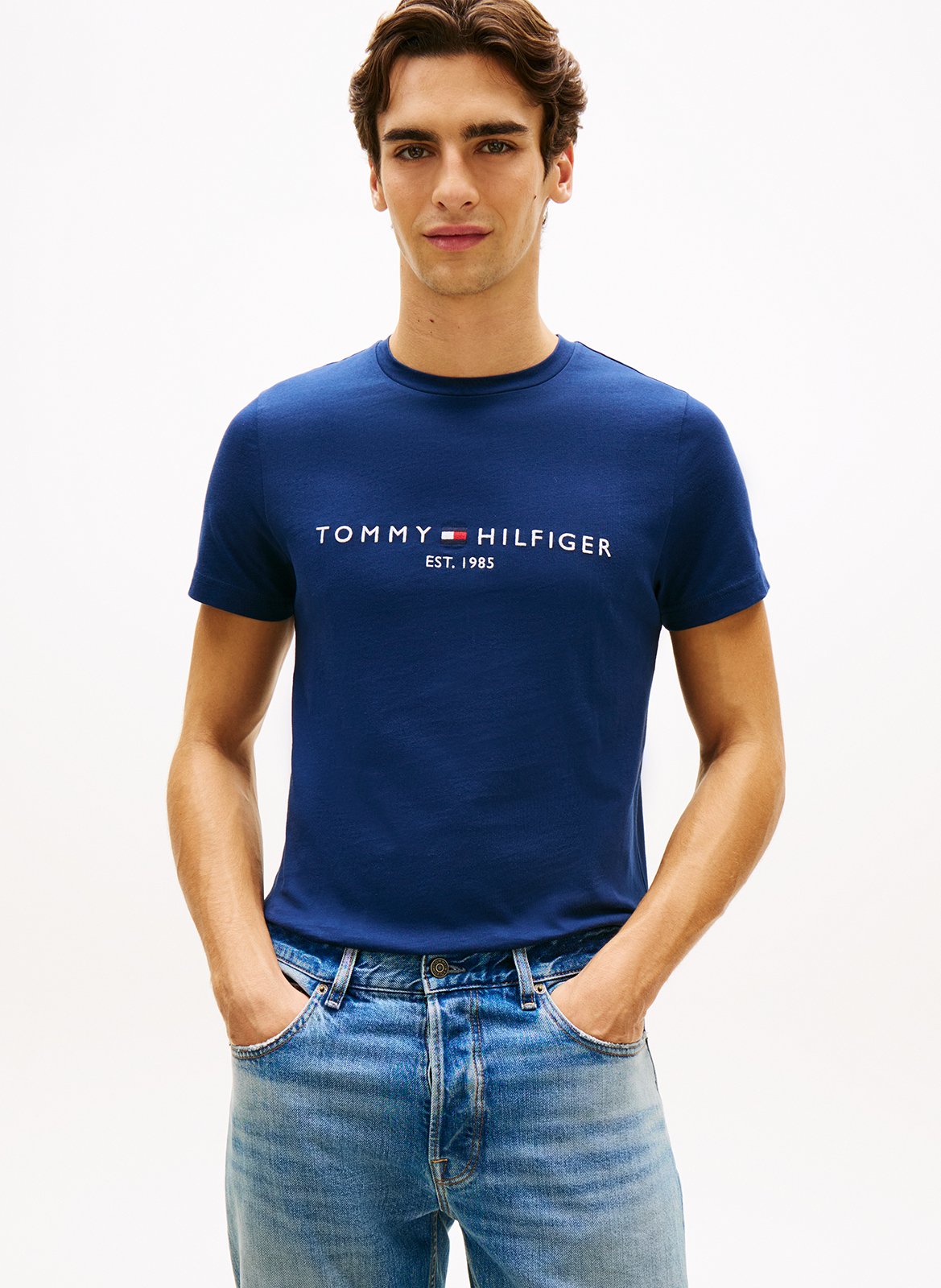 Embroidered organic cotton T-shirt with round neck TOMMY HILFIGER Blue