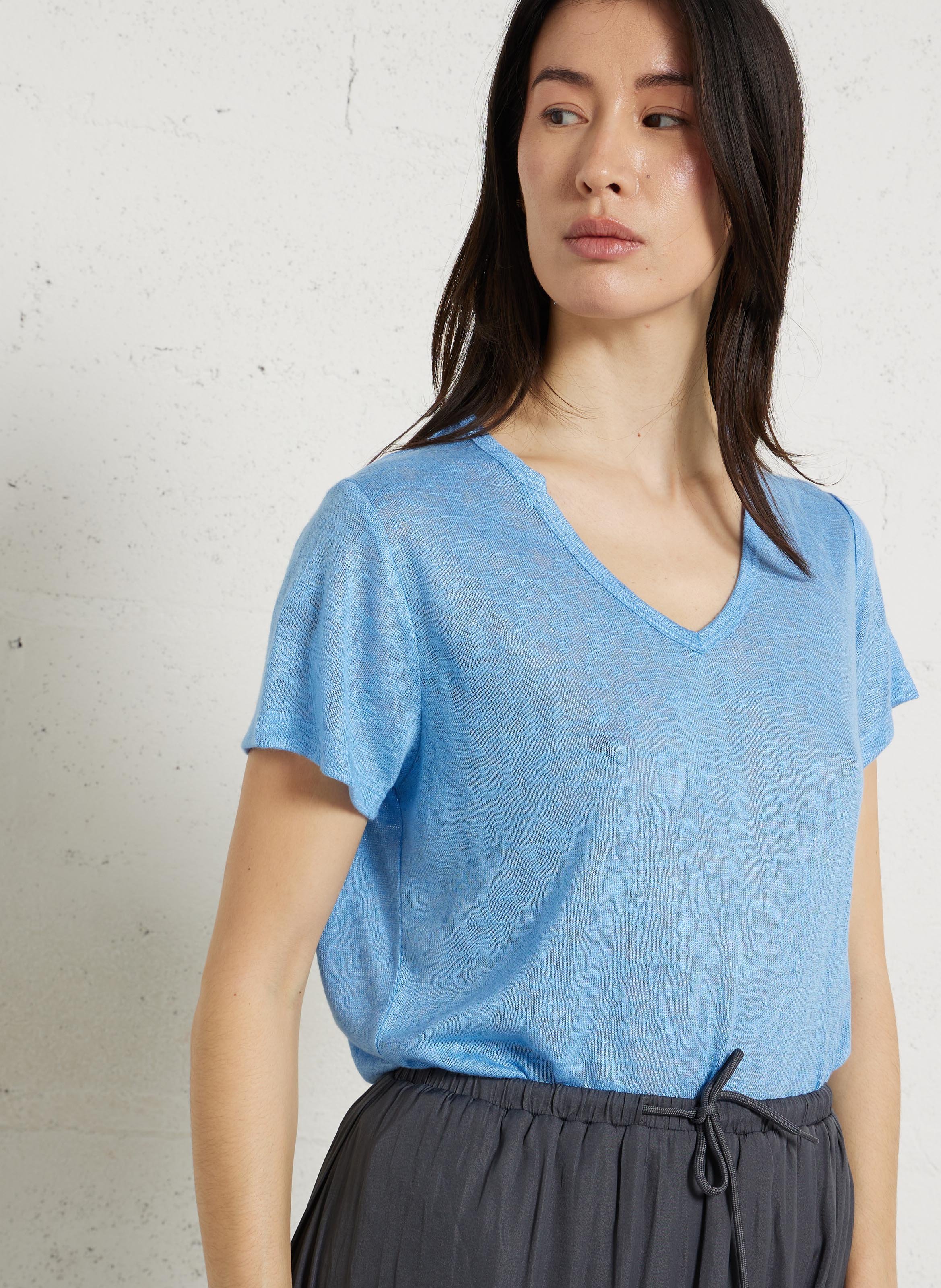 Tee-shirt droit col tunisien LE TEMPS DES CERISES Bleu