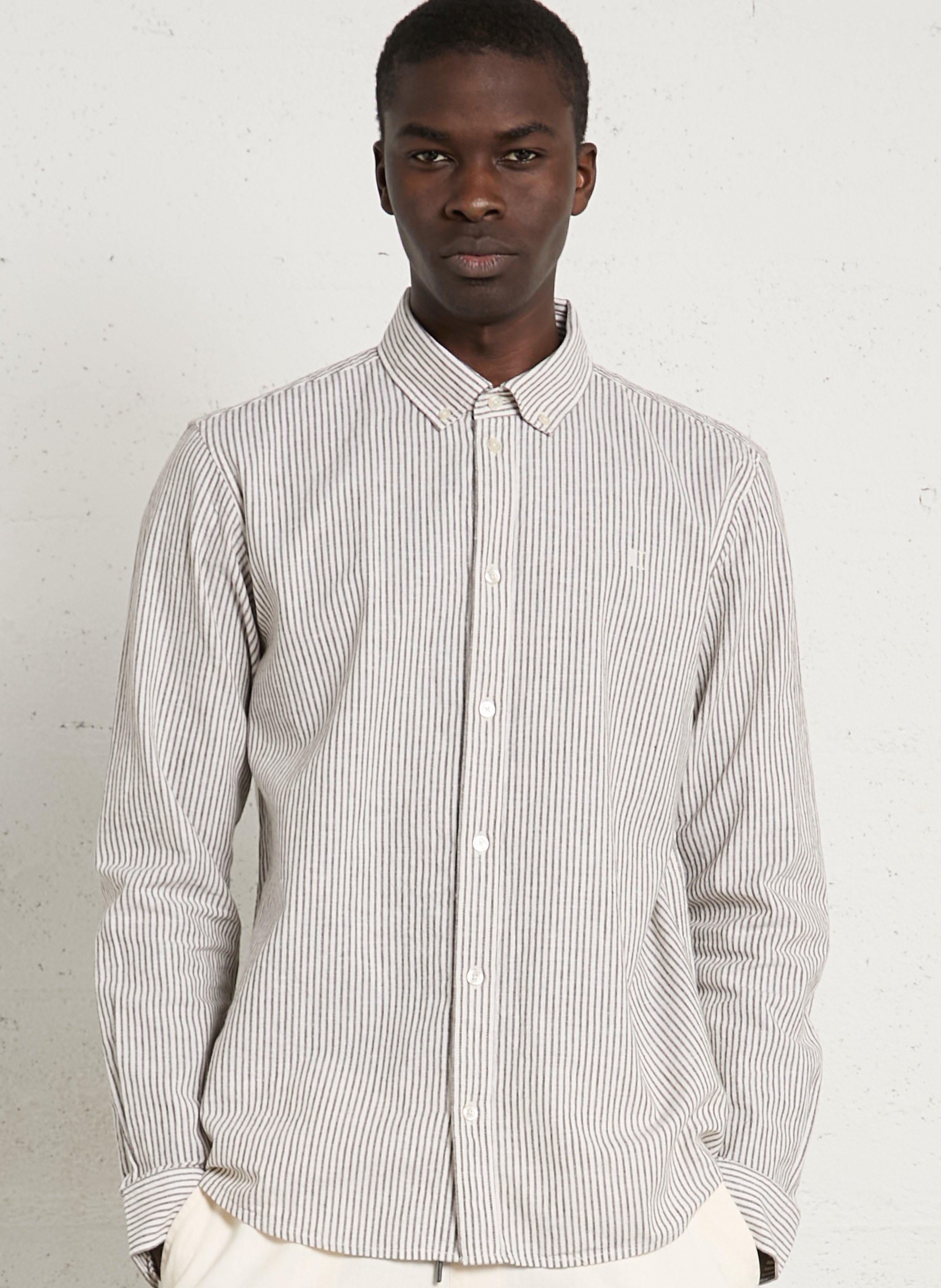 Chemise droite col américain rayée en coton et lin LES DEUX Marron