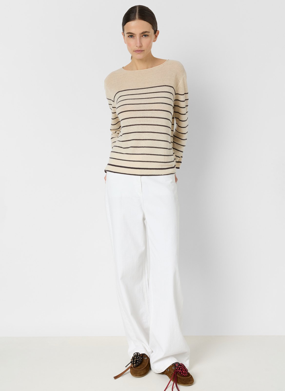 Pull droit col bateau en lin mélangé rayé GERARD DAREL Marron