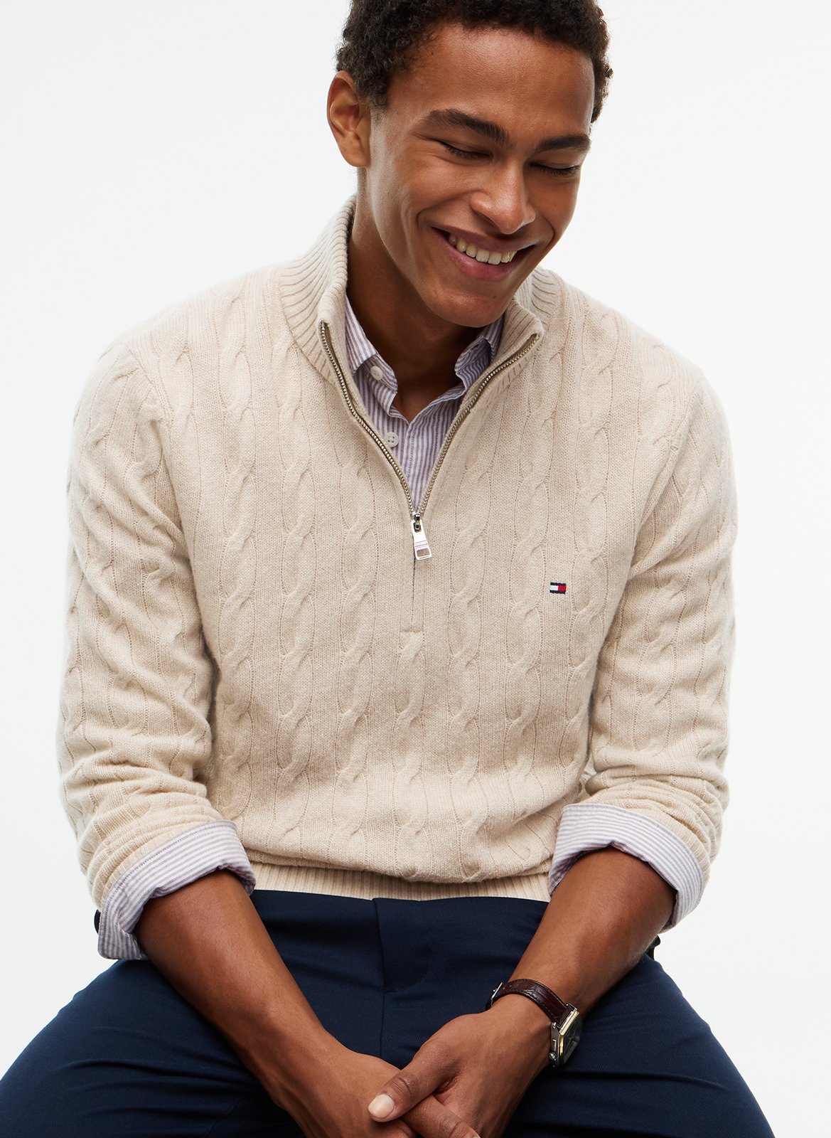 Pull col montant tressé en laine TOMMY HILFIGER Beige