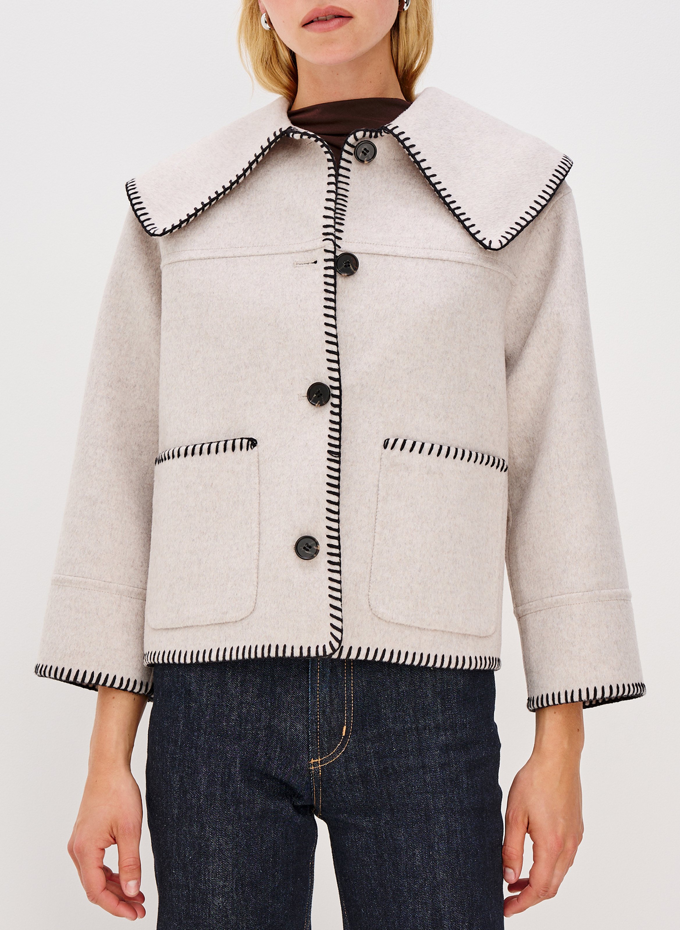 Veste droite unie à broderies en laine mélangée RAILS Beige