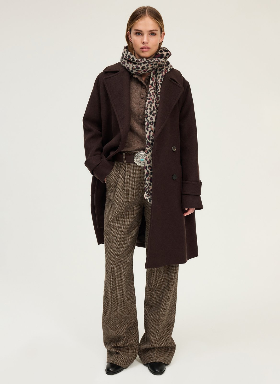 Mid-length loose-fitting plain buttoned coat PABLO Brown