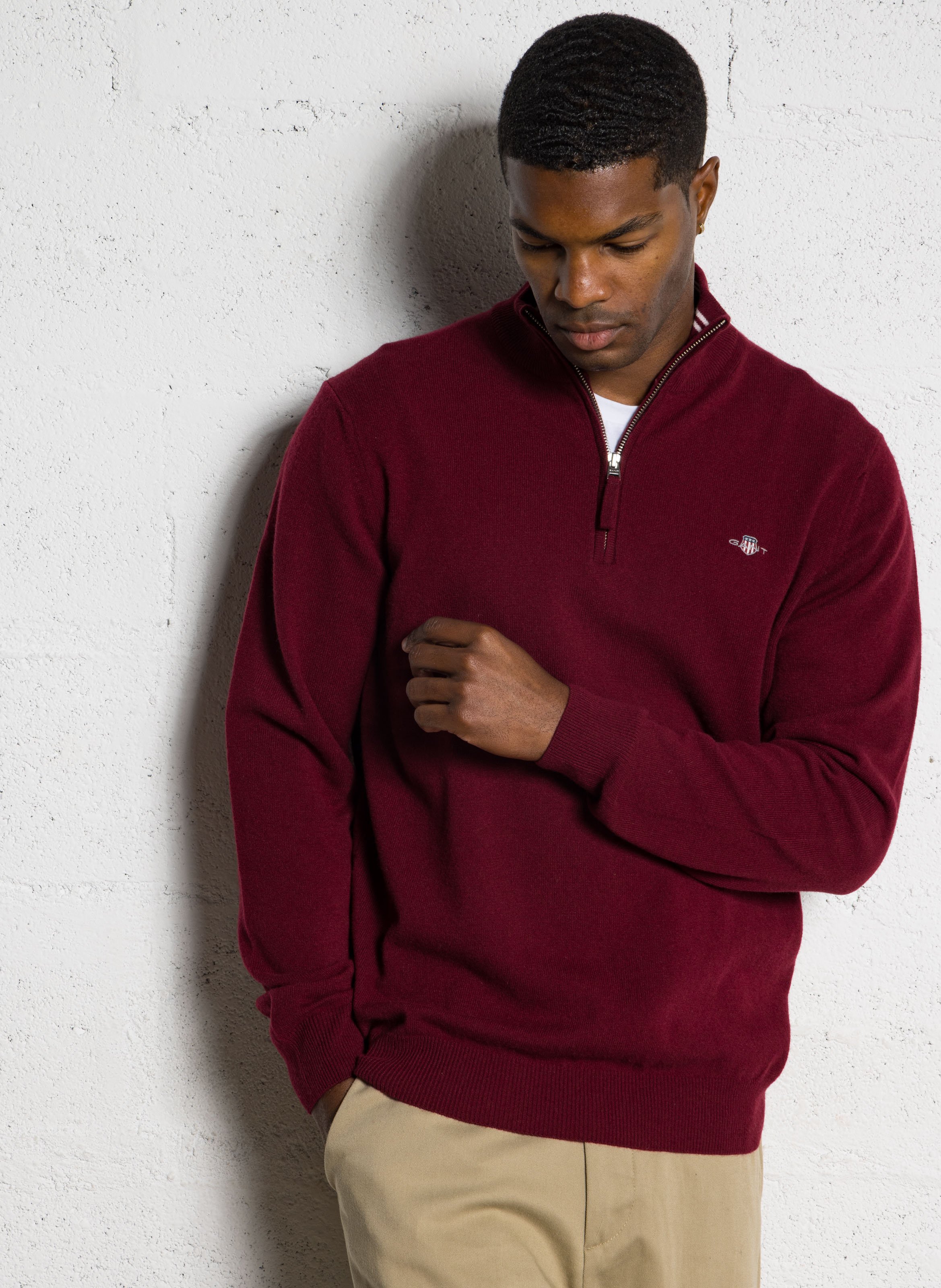 Pull droit col montant zippé en laine GANT Rouge