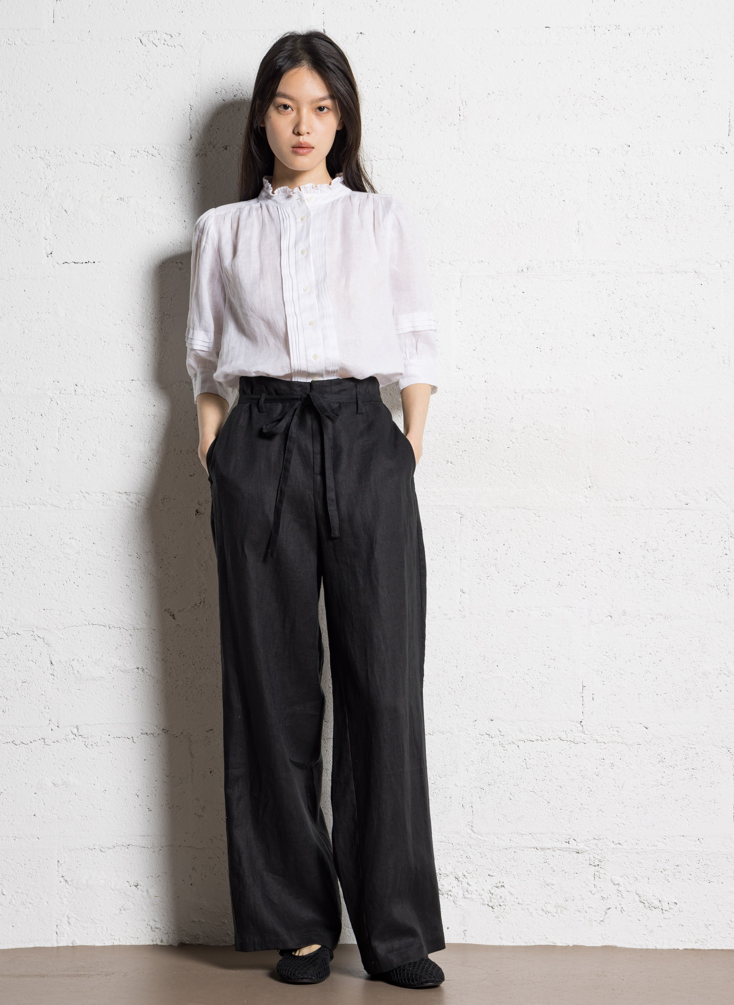 Pantalon large taille haute en lin JC SOPHIE Noir