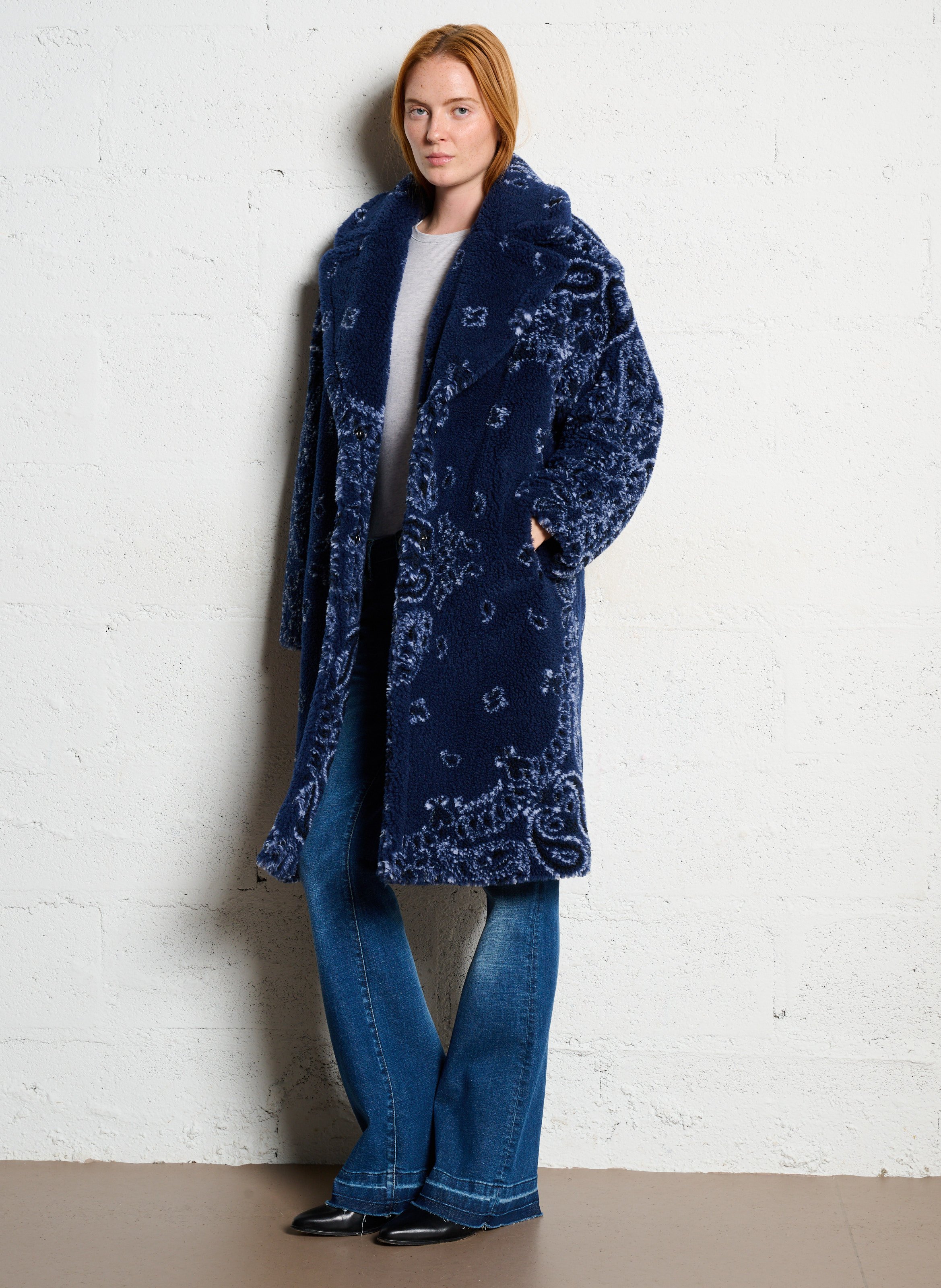 Jas met patroon en kraag in sjaalstijl BERENICE Blauw