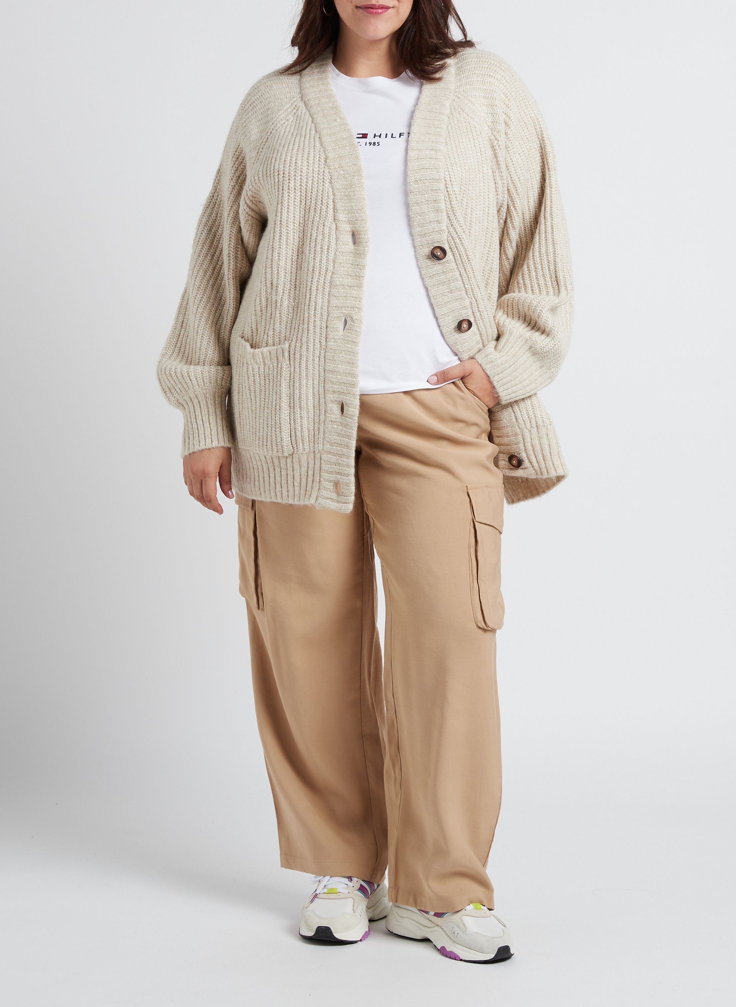 Cardigan oversize col V boutonné GINA TRICOT Beige