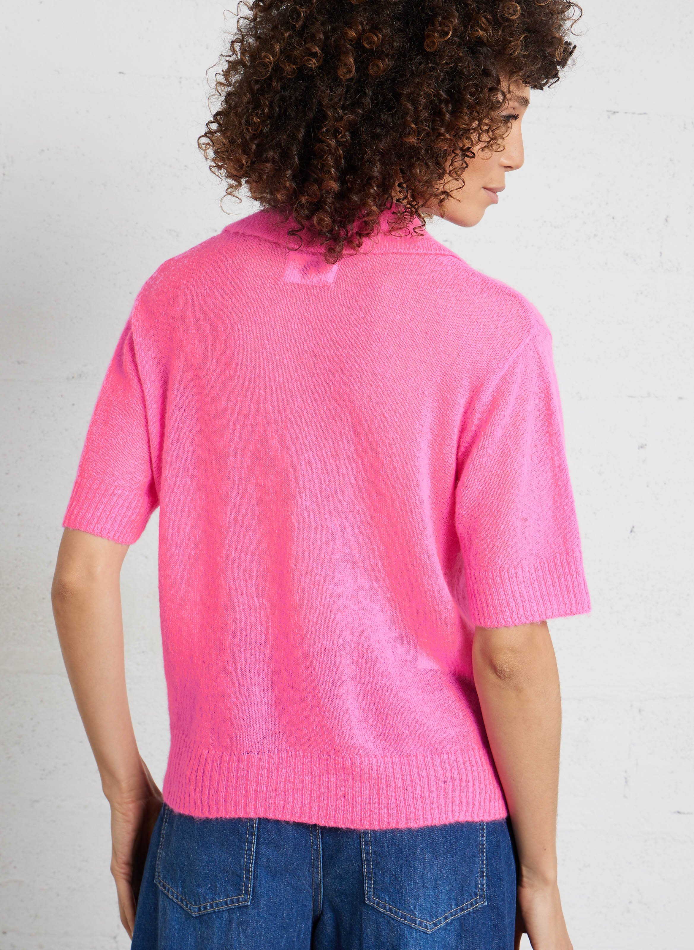 Pull droit col polo en laine mélangée DES PETITS HAUTS Rose