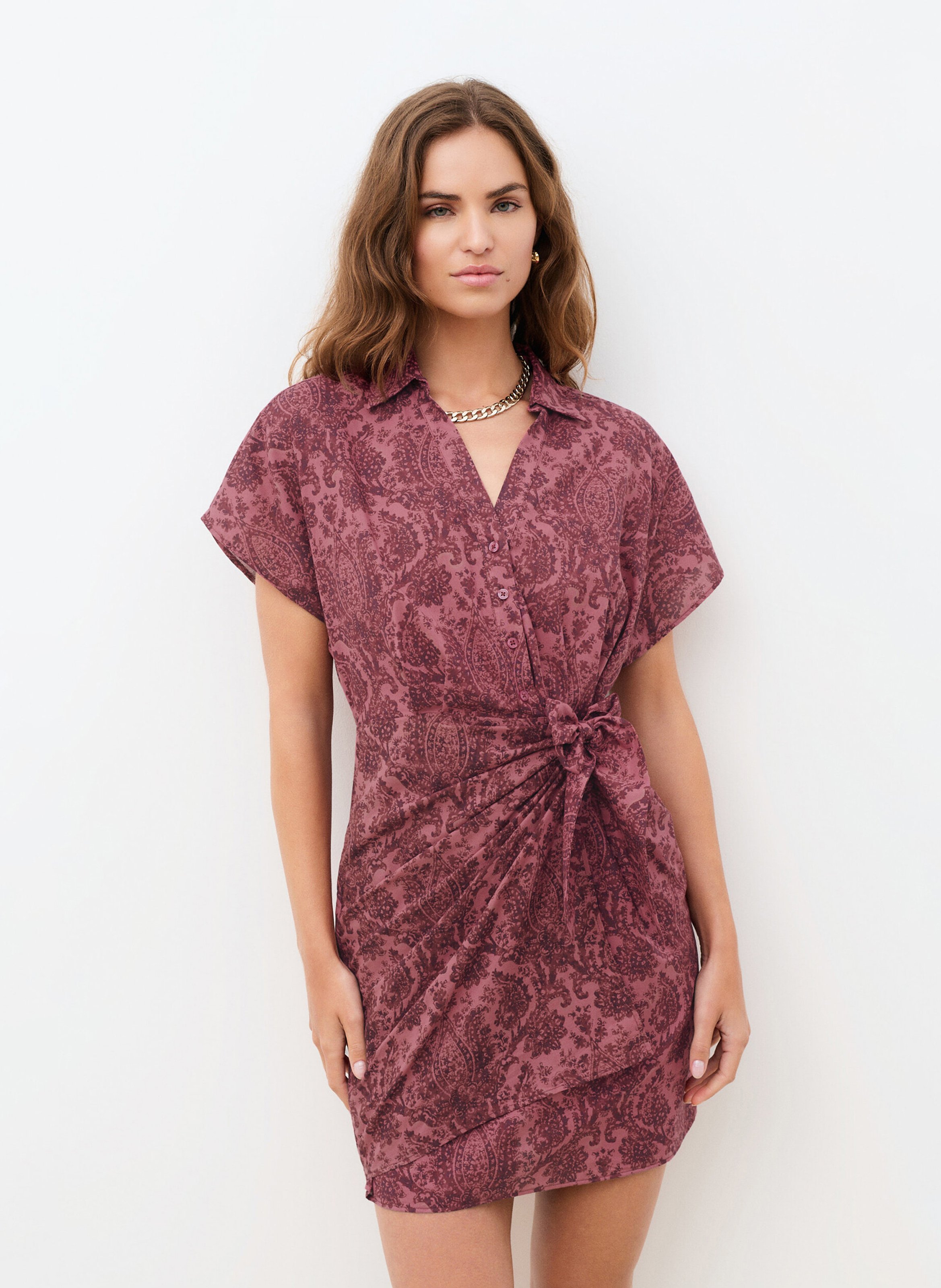 Short printed cotton dress with classic collar CAROLL Red