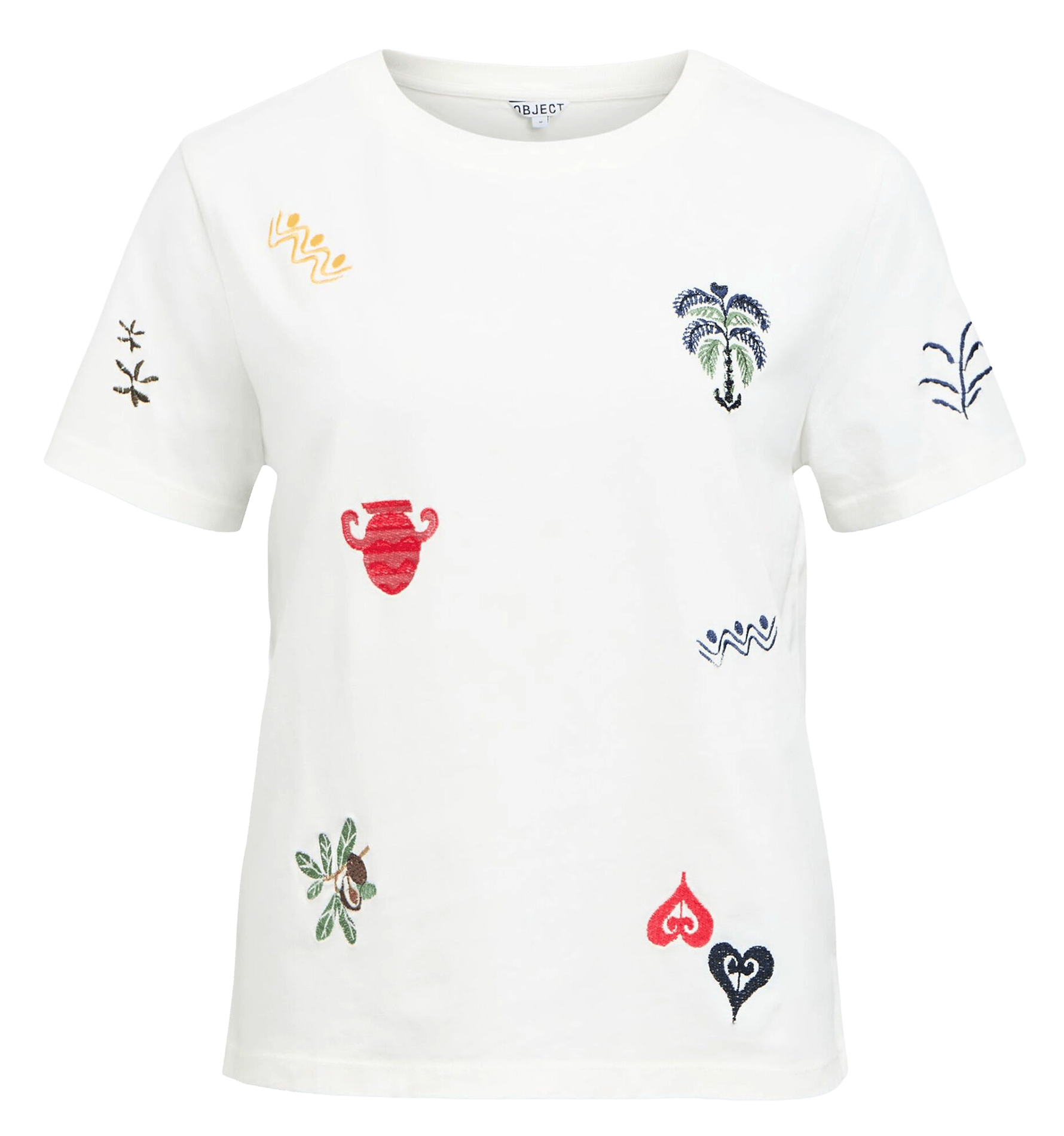 Straight-cut round-neck T-shirt in embroidered cotton OBJECT Beige