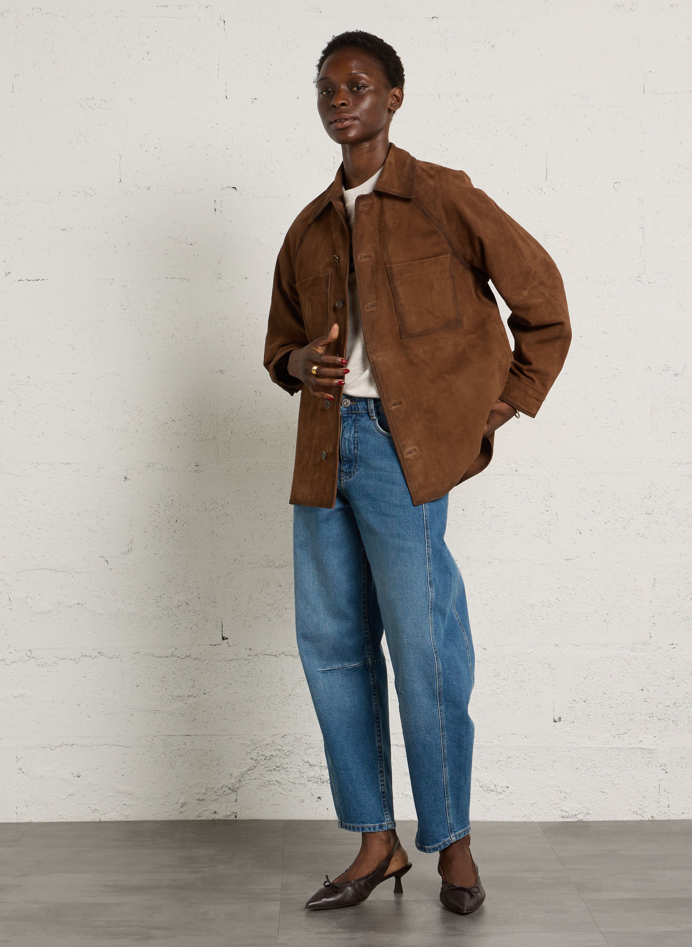 Oversized jacket with classic collar in suede leather MAISON 123 Brown