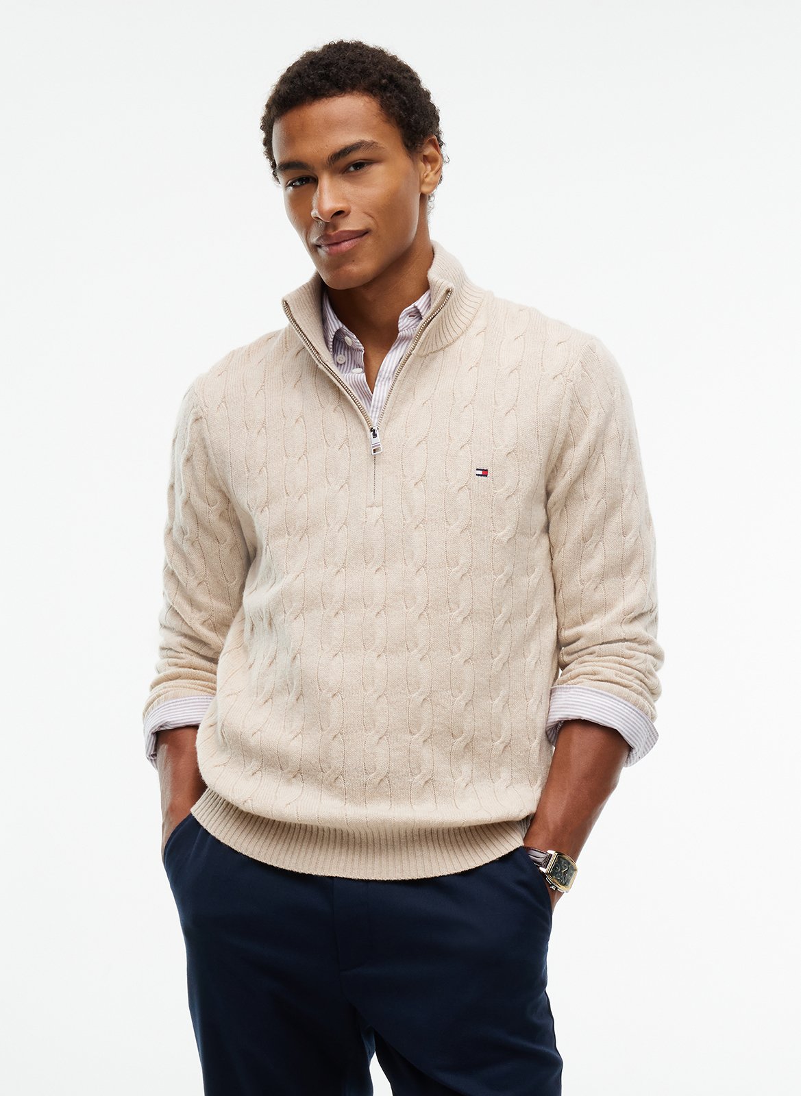 Pull col montant tressé en laine TOMMY HILFIGER Beige