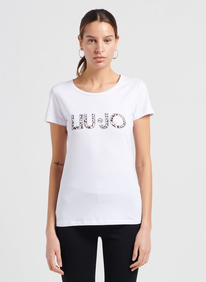 Camiseta De Algodón Elástico Con Cuello Redondo Y Strass Bco Natural Leopard Liu Jo - | Place des Tendances