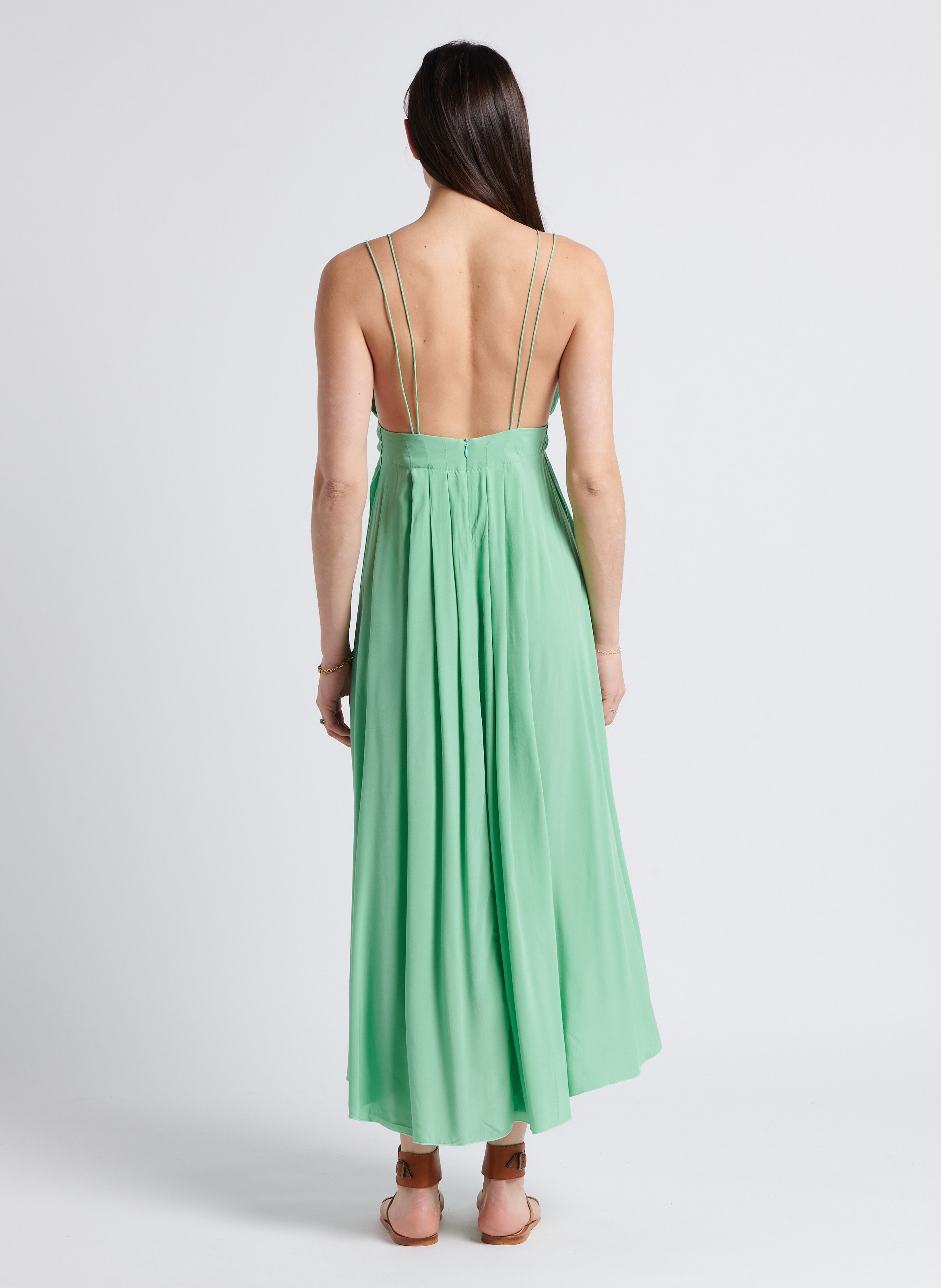 Lange rechte jurk van linnen en zijde met V-hals KARMA KOMA Groen