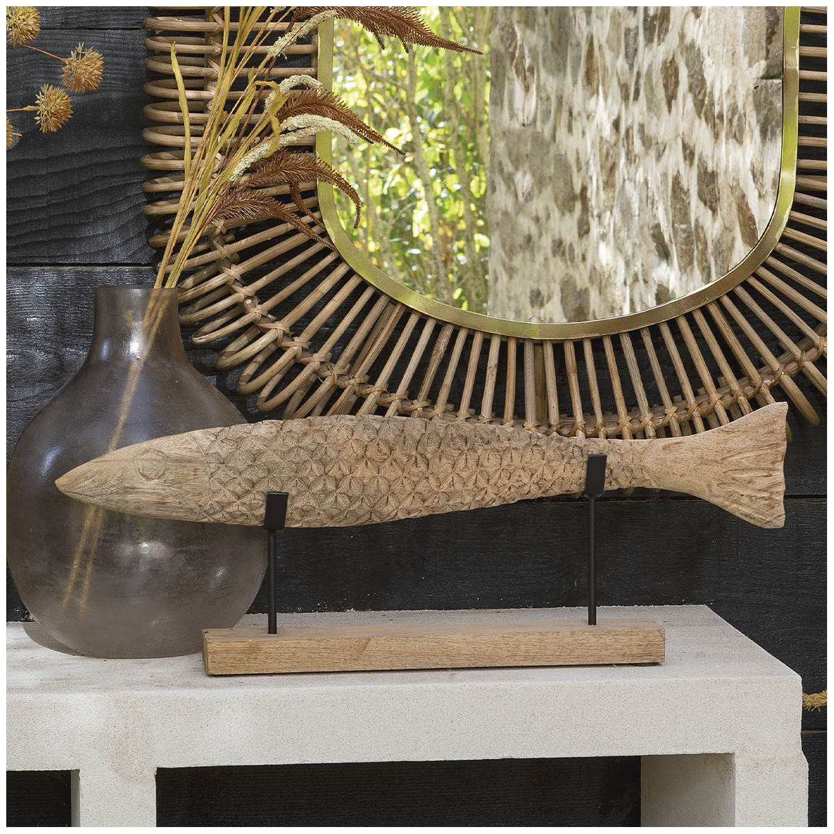 Fish statue in mango wood and metal - large model BLANC D'IVOIRE Beige