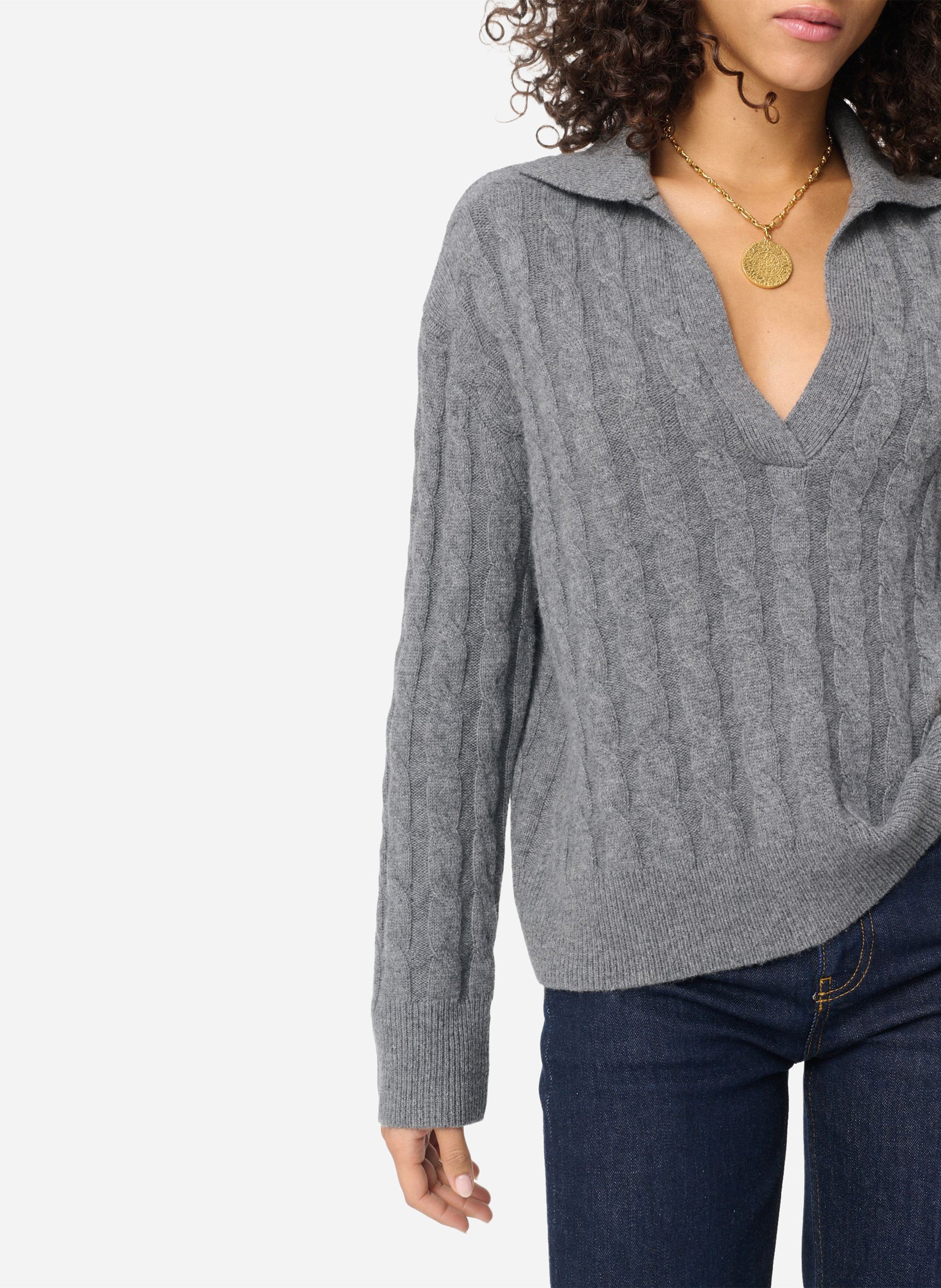 Pull droit col polo en laine et cachemire VANESSA BRUNO Gris