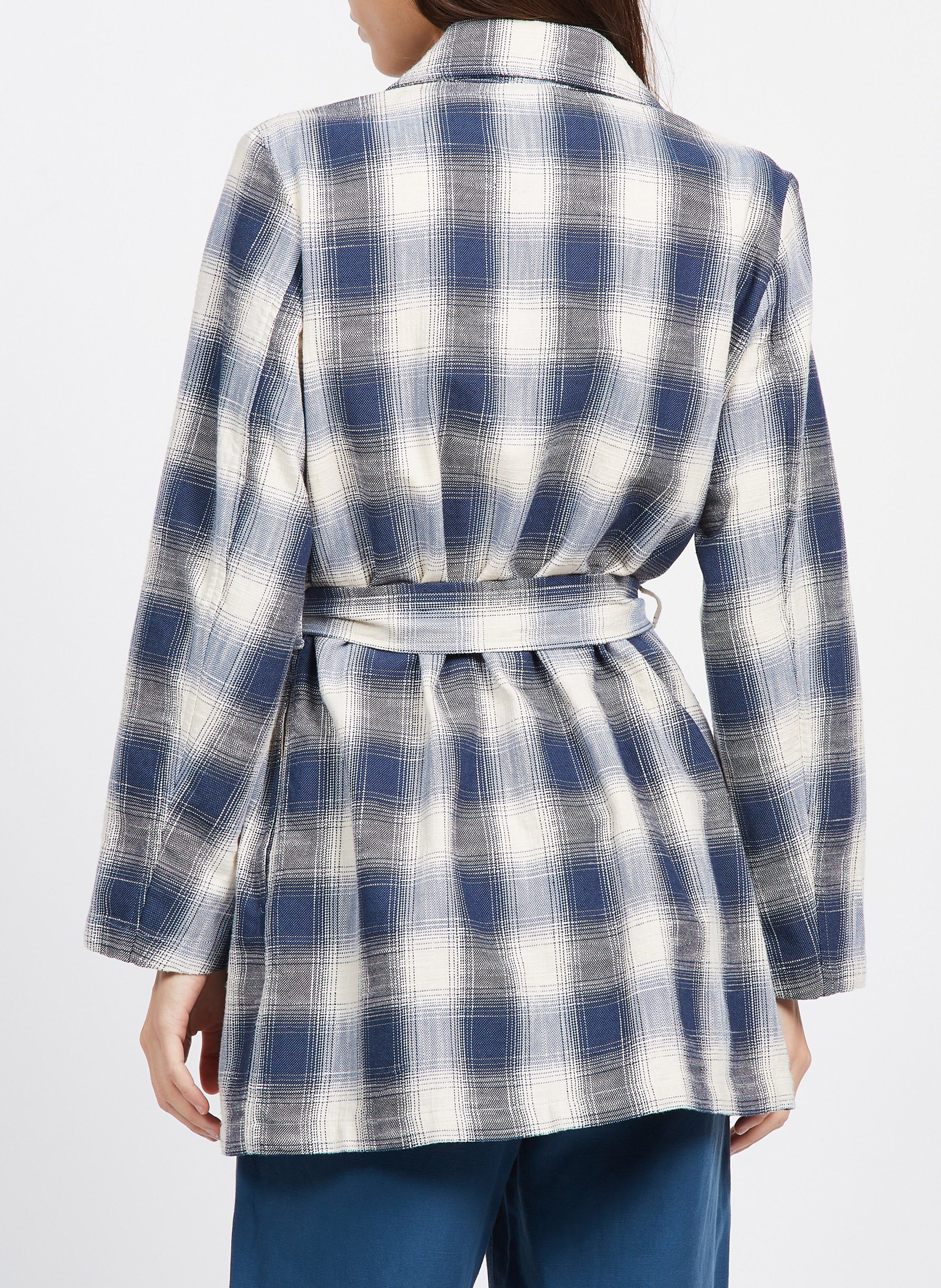 Veste tailleur longue à carreaux en coton mélangé  Bleu