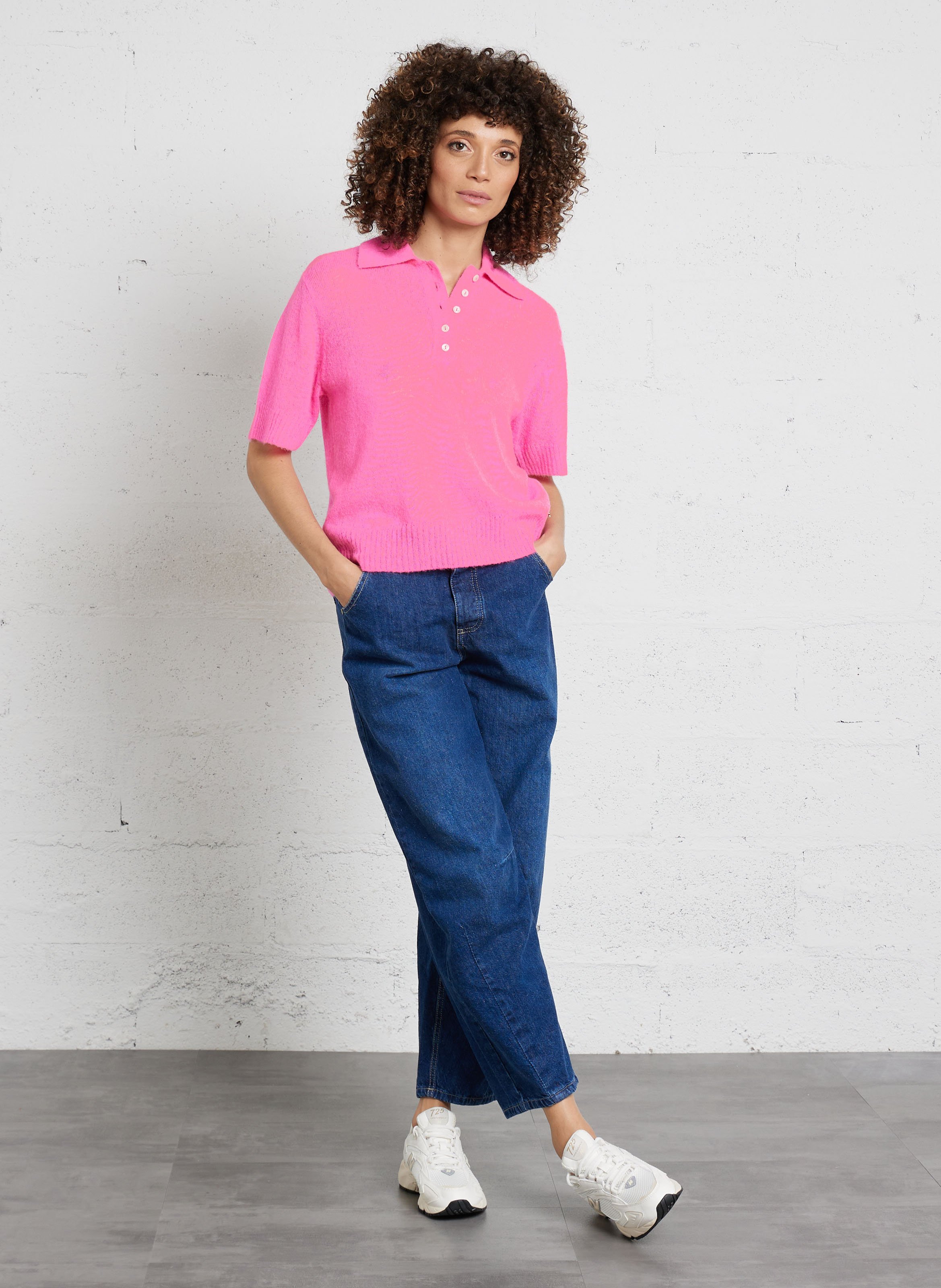 Pull droit col polo en laine mélangée DES PETITS HAUTS Rose