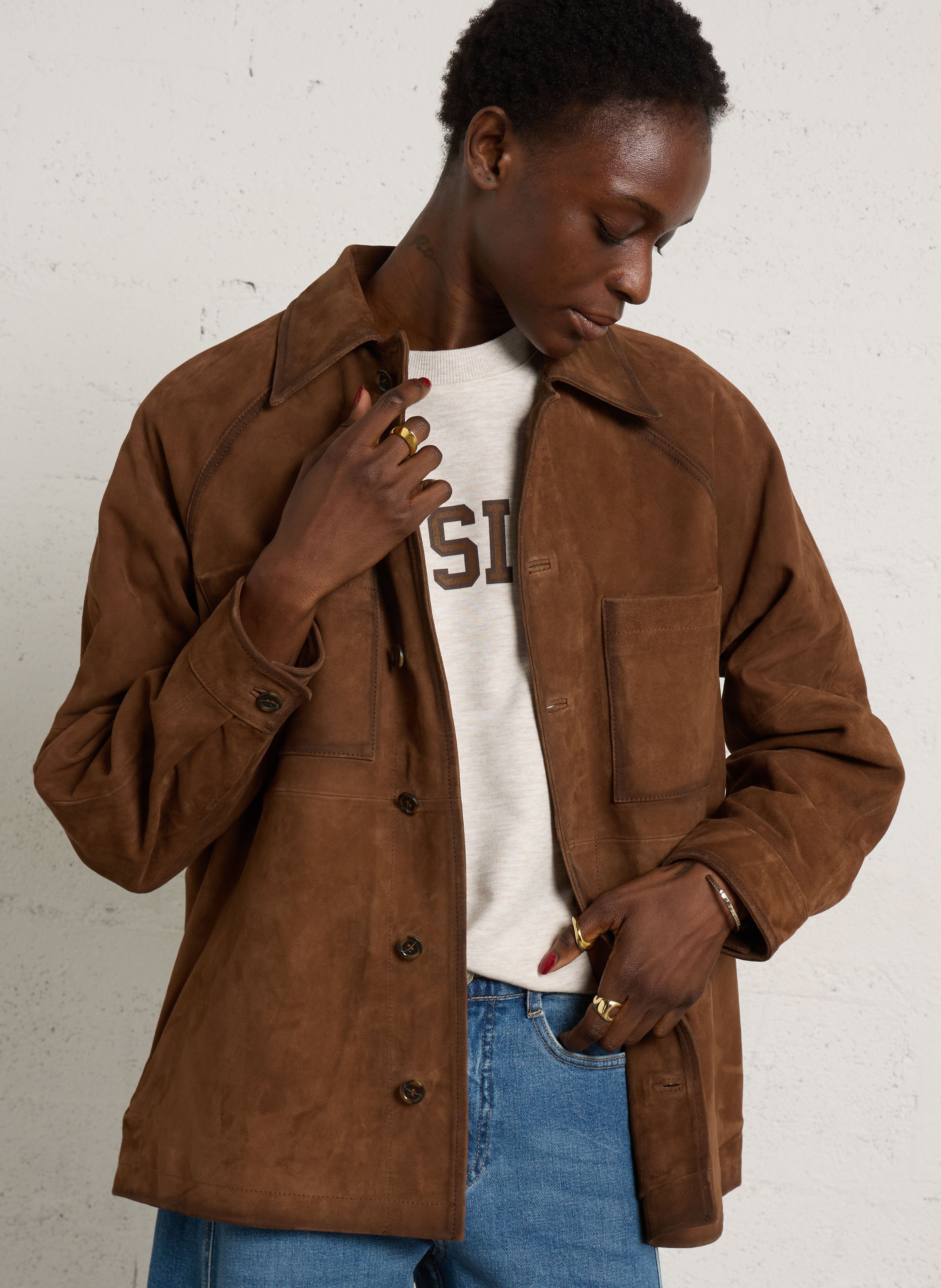 Oversized jacket with classic collar in suede leather MAISON 123 Brown