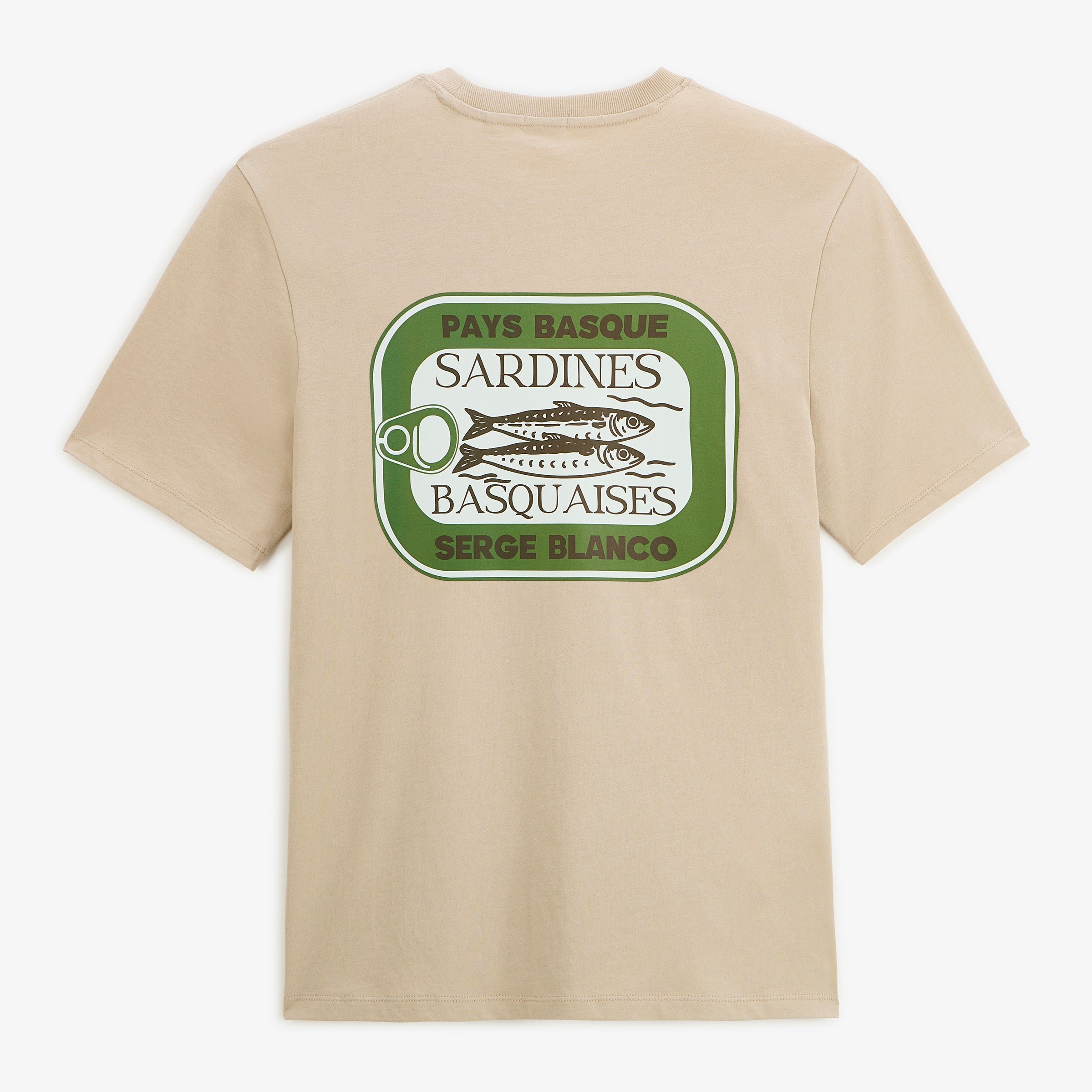 Short-sleeved T-shirt Théo, printed with Basque sardines on the back, in travertine beige. SERGE BLANCO Beige