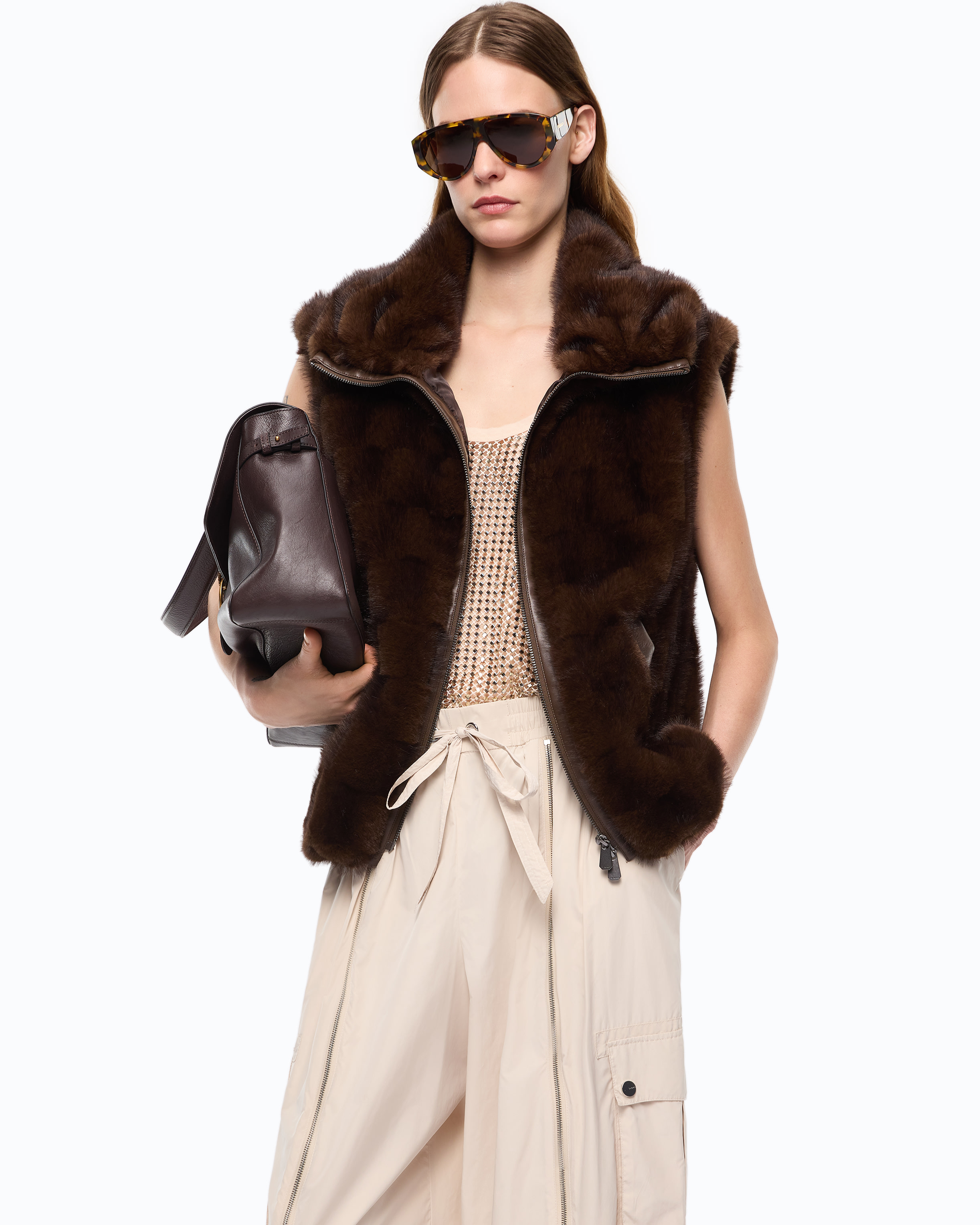 Gilet zippé en fourrure synthétique PINKO Marron