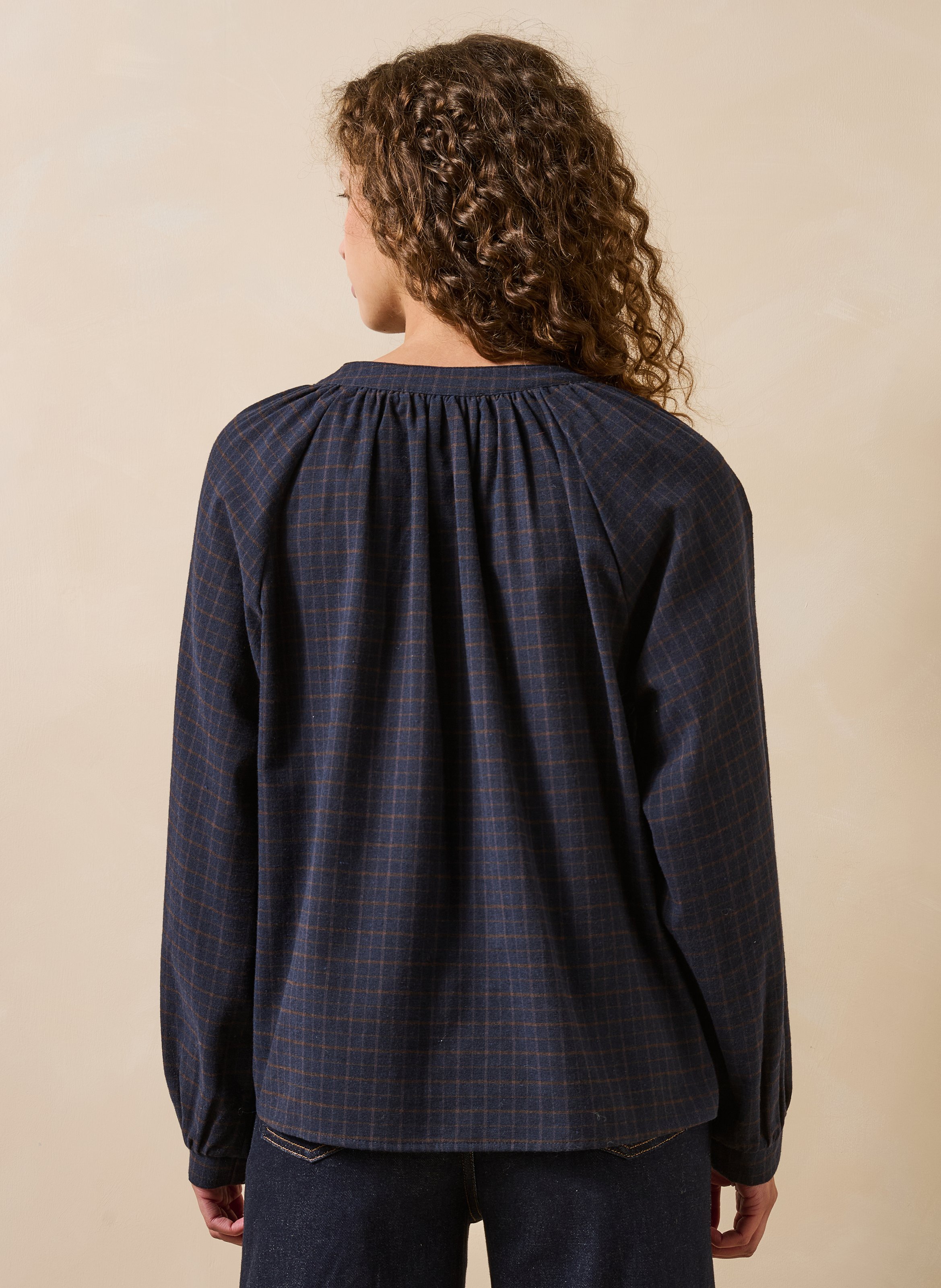 Straight-cut round-neck checked blouse in a cotton blend LA FEE MARABOUTEE Blue