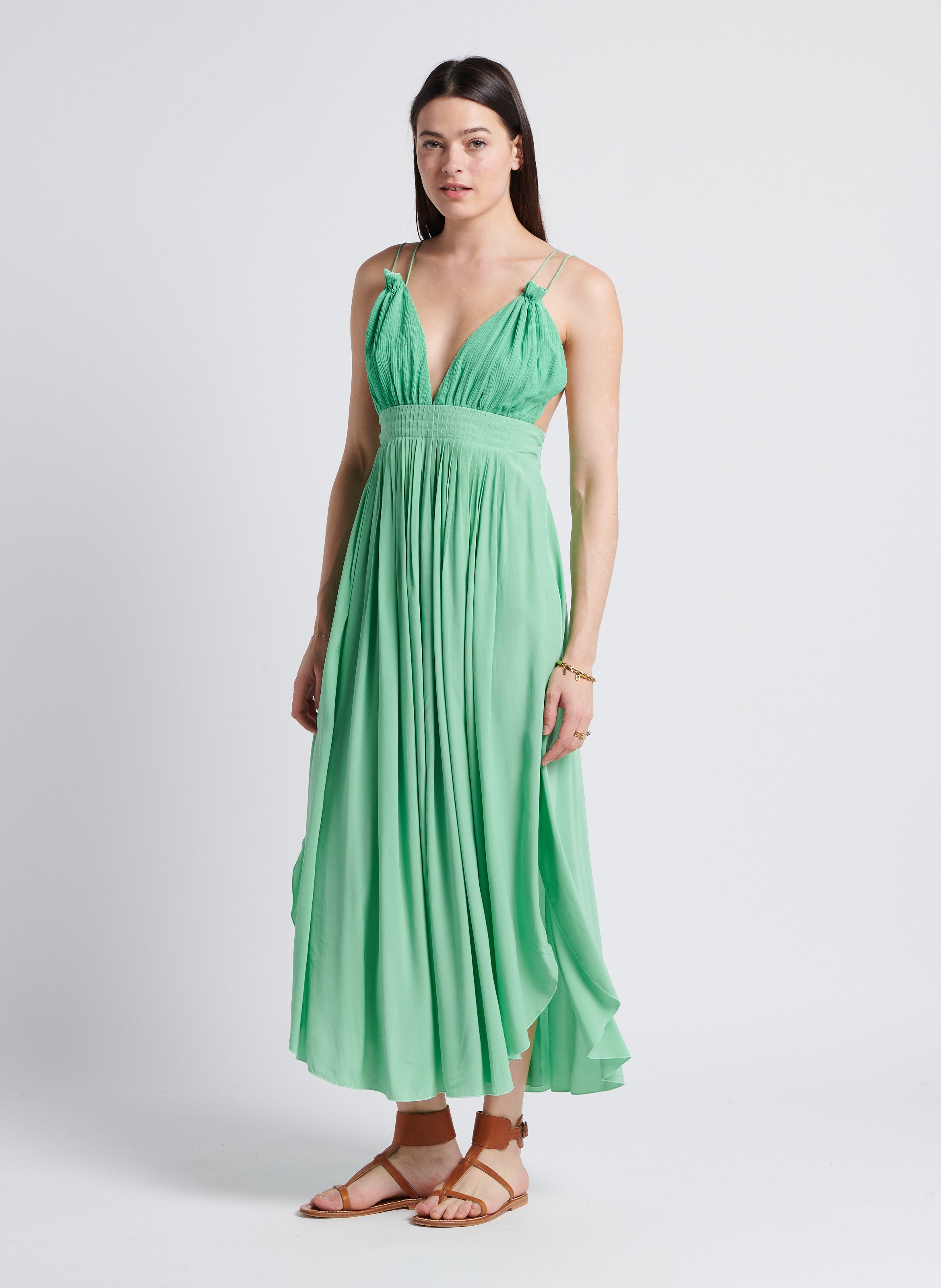 Lange rechte jurk van linnen en zijde met V-hals KARMA KOMA Groen