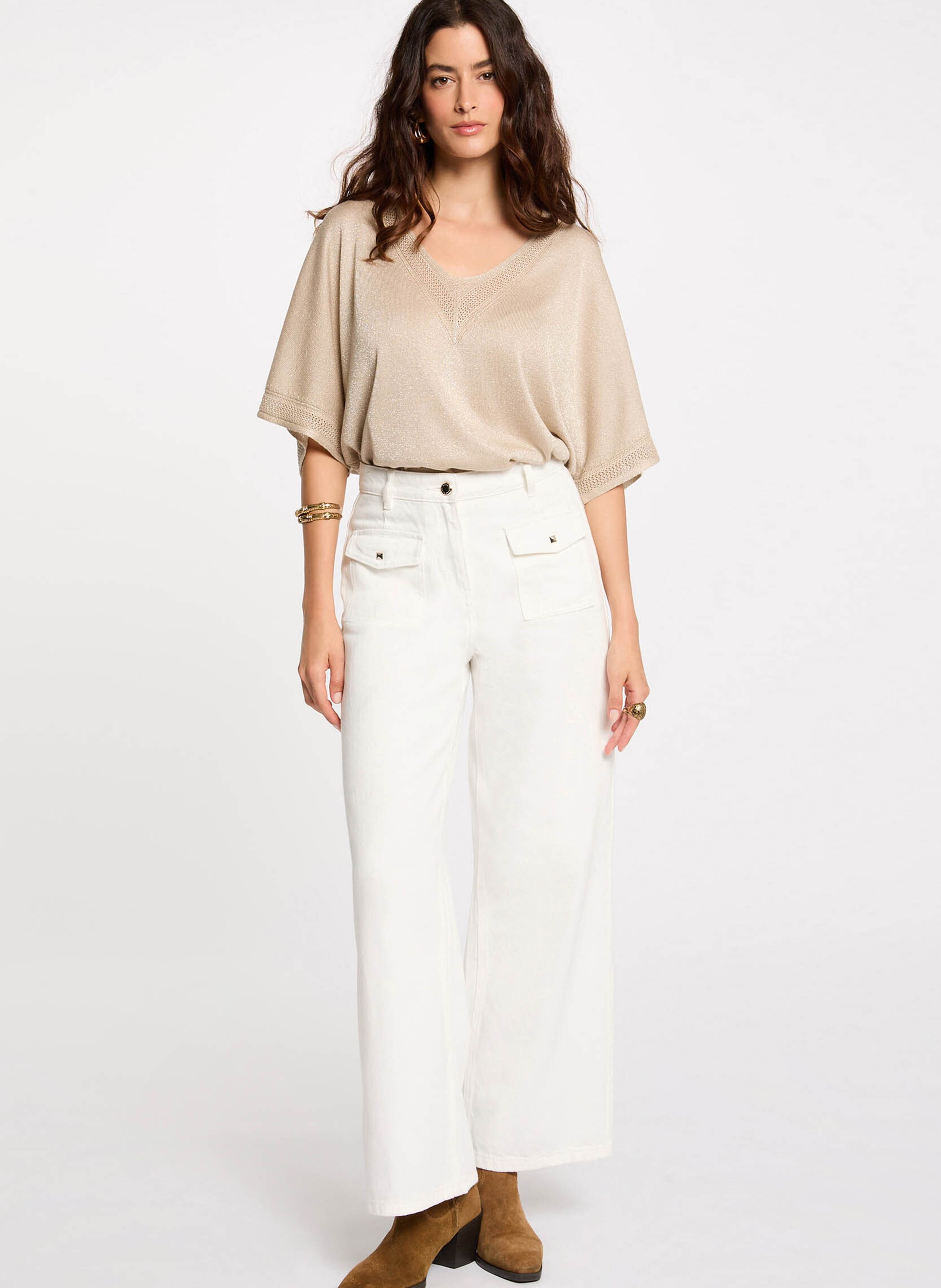 Straight V-neck sweater with metallic detail MORGAN Beige