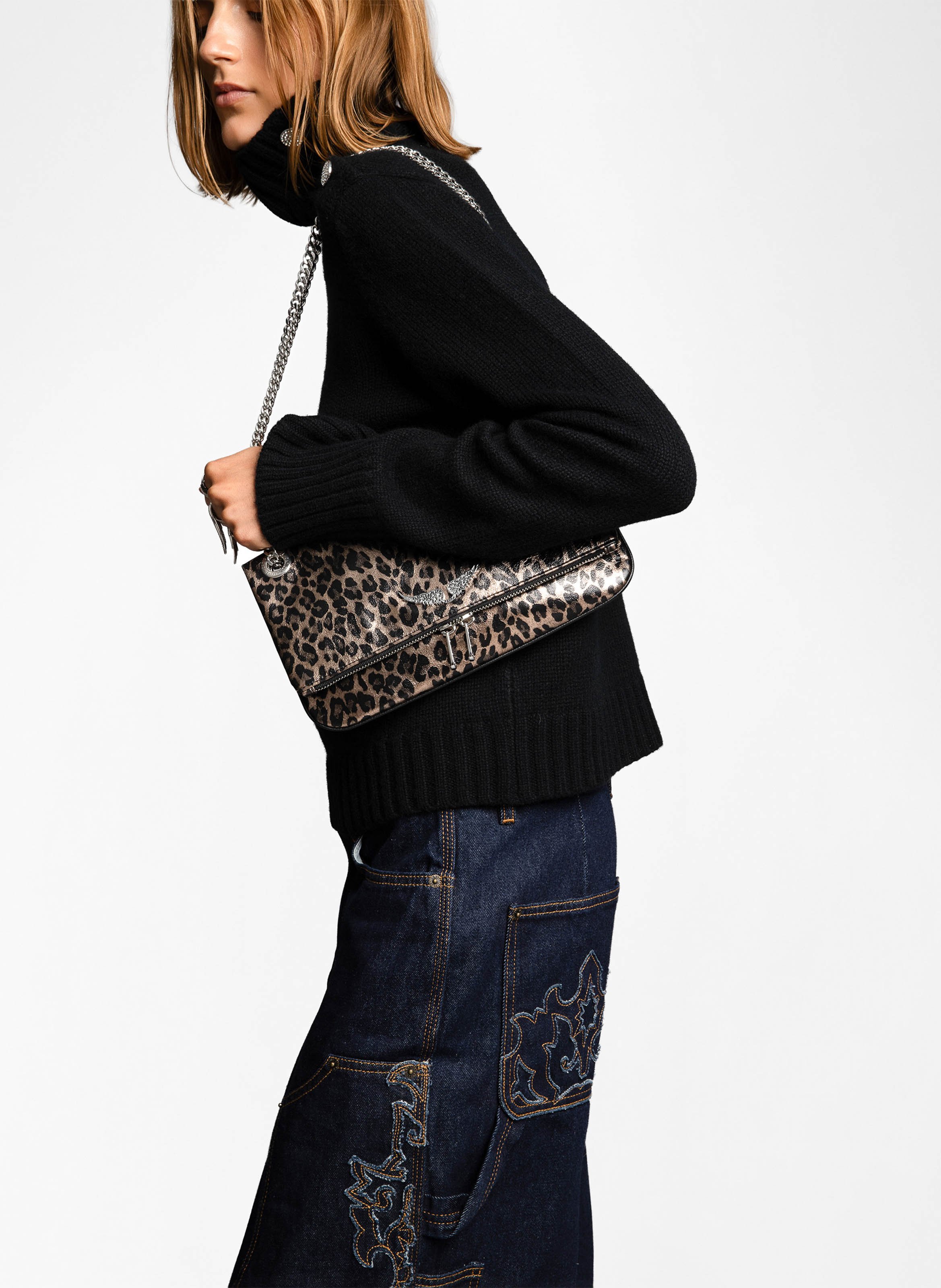 Leopard Metallic Leder Umhängetasche ZADIG&VOLTAIRE Grau