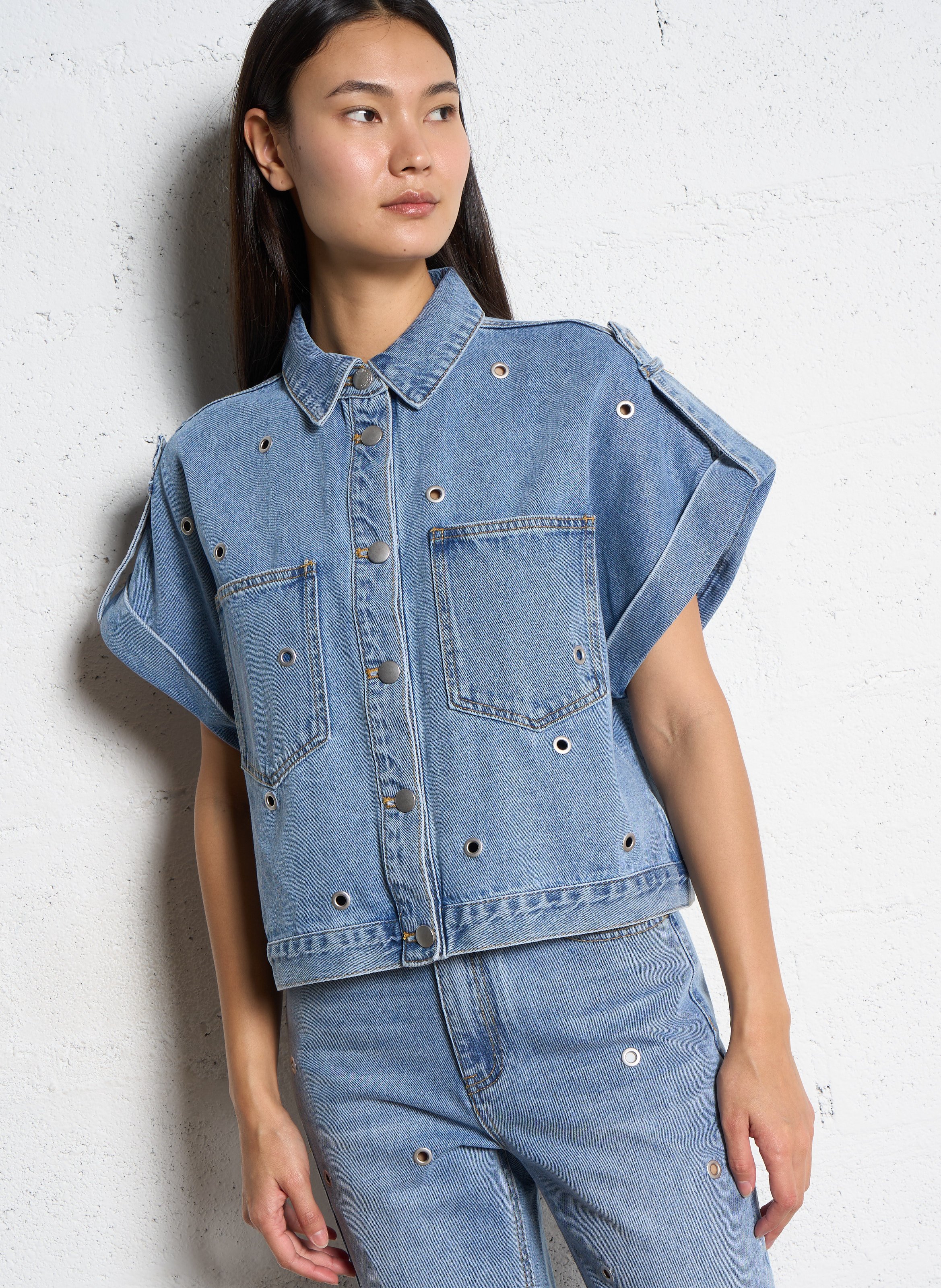 Veste droite col classique en coton SUNCOO Bleu