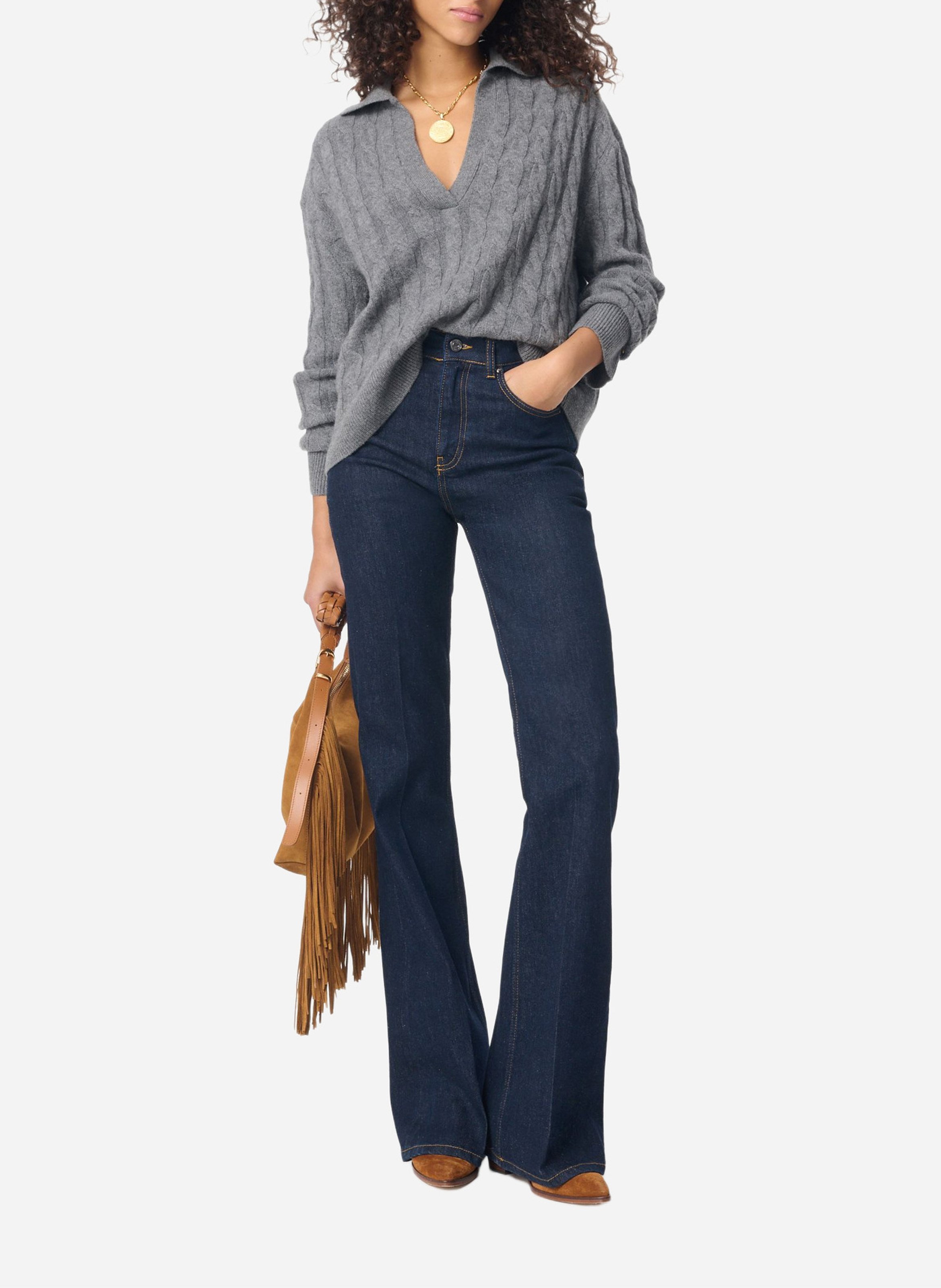 Pull droit col polo en laine et cachemire VANESSA BRUNO Gris