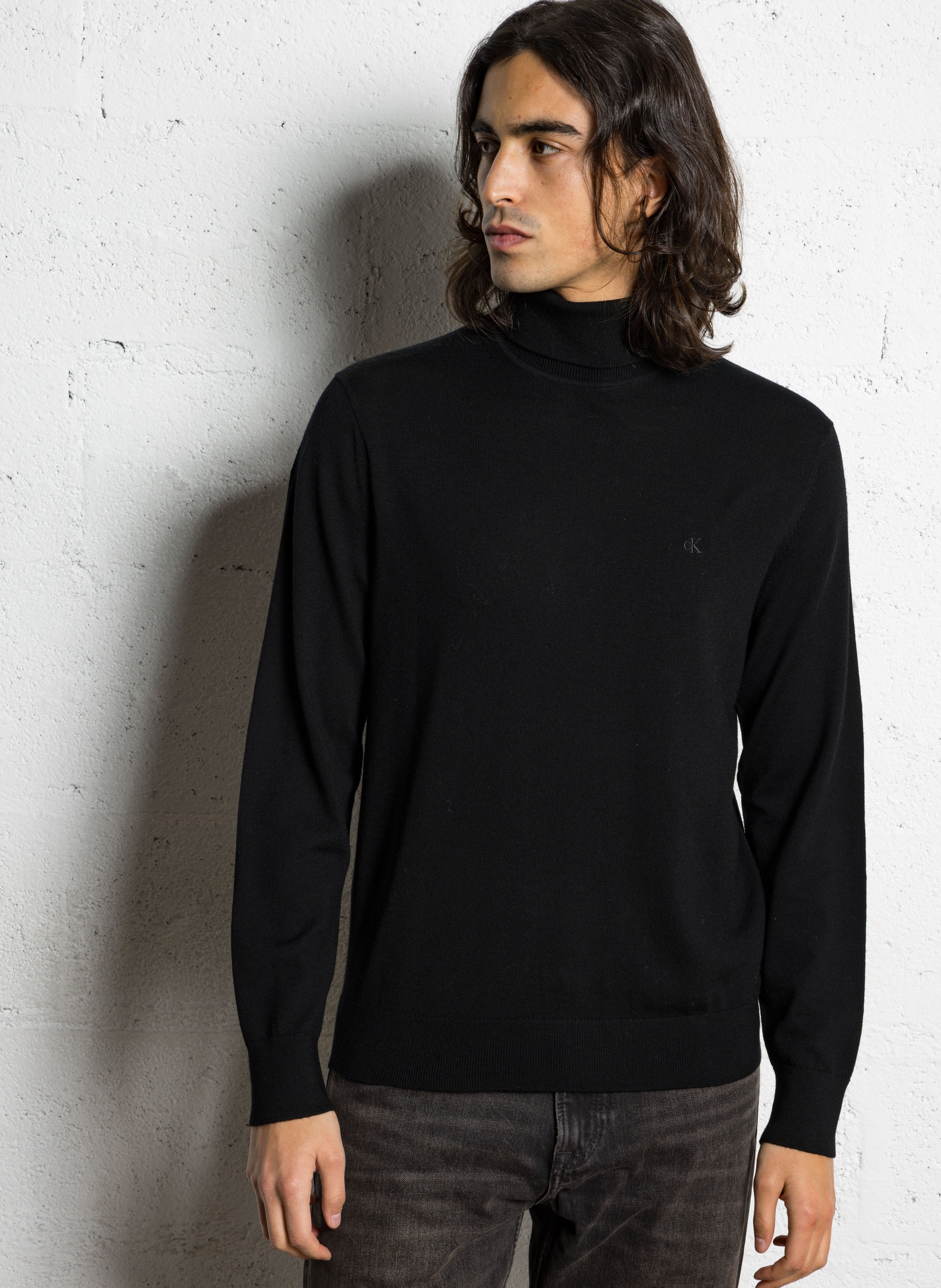 Pull col roulé uni en laine CALVIN KLEIN Noir