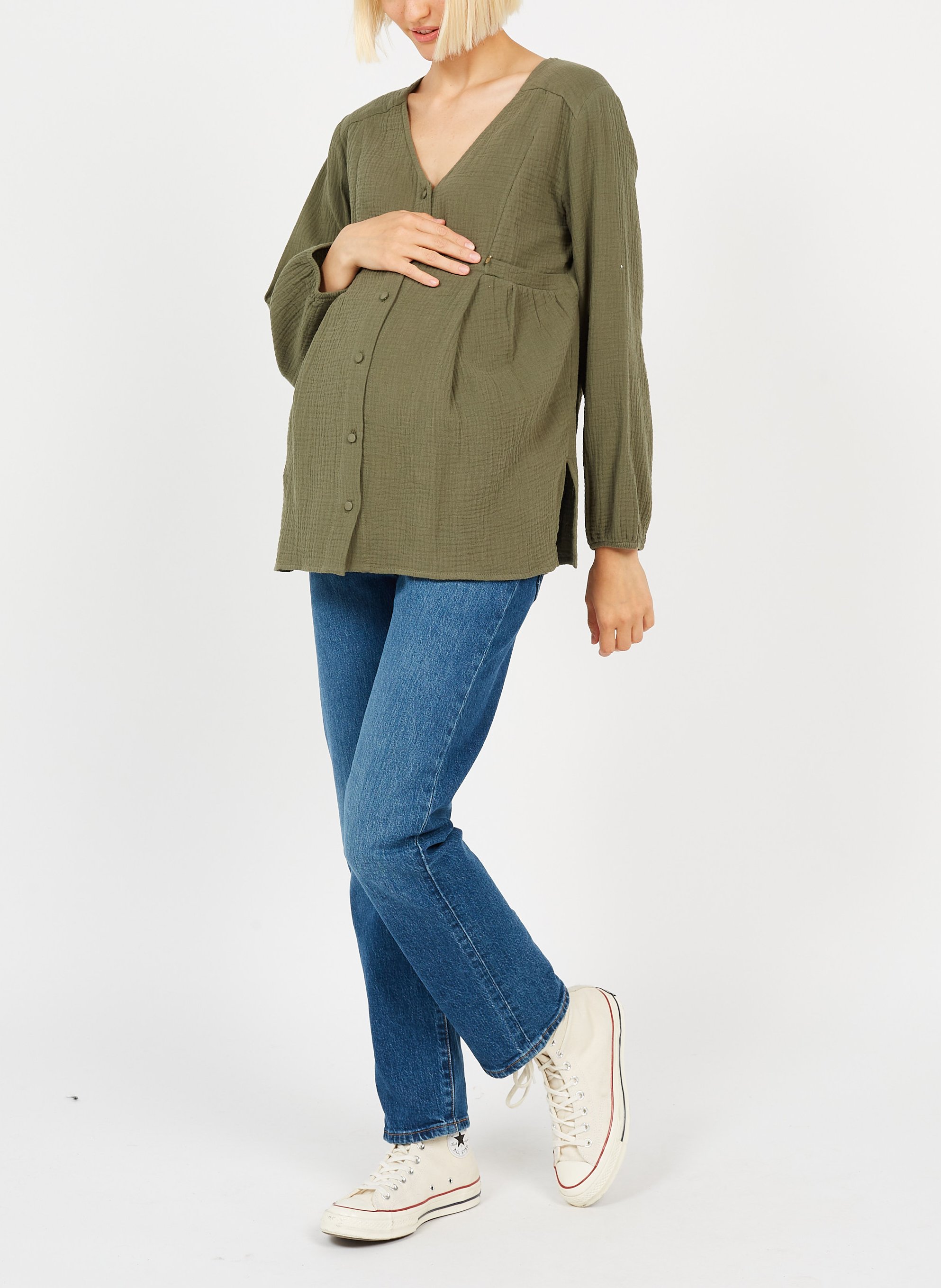 Long-sleeved cotton maternity shirt POLINA Khaki