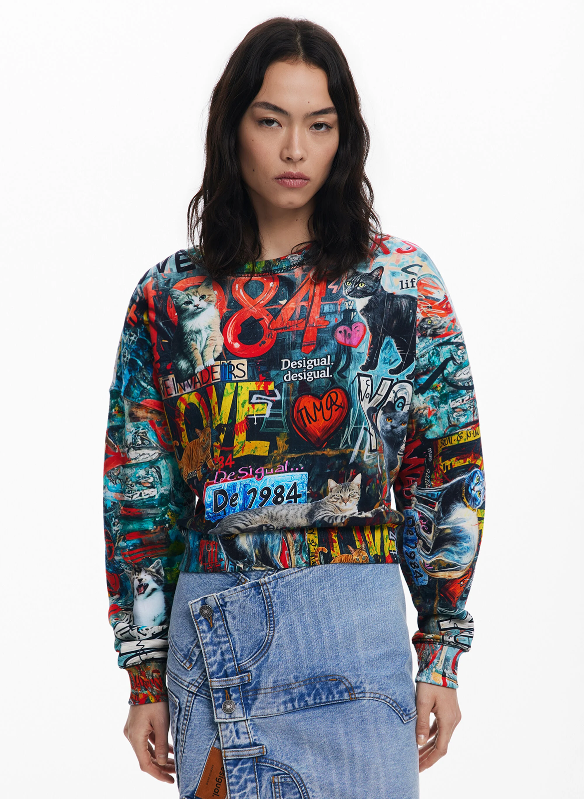 Rechte sweater met ronde hals van bedrukte katoen DESIGUAL Zwart