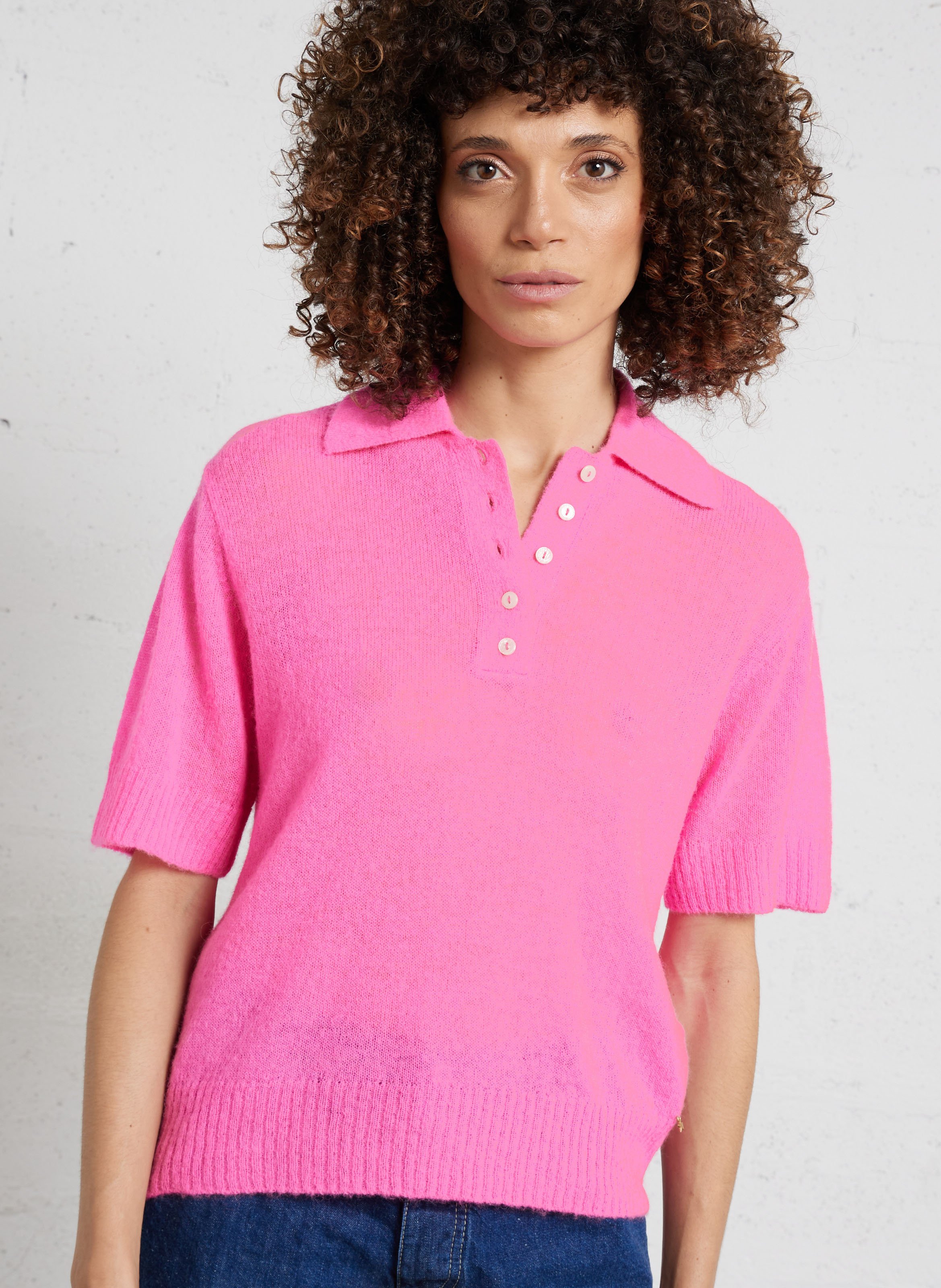 Pull droit col polo en laine mélangée DES PETITS HAUTS Rose