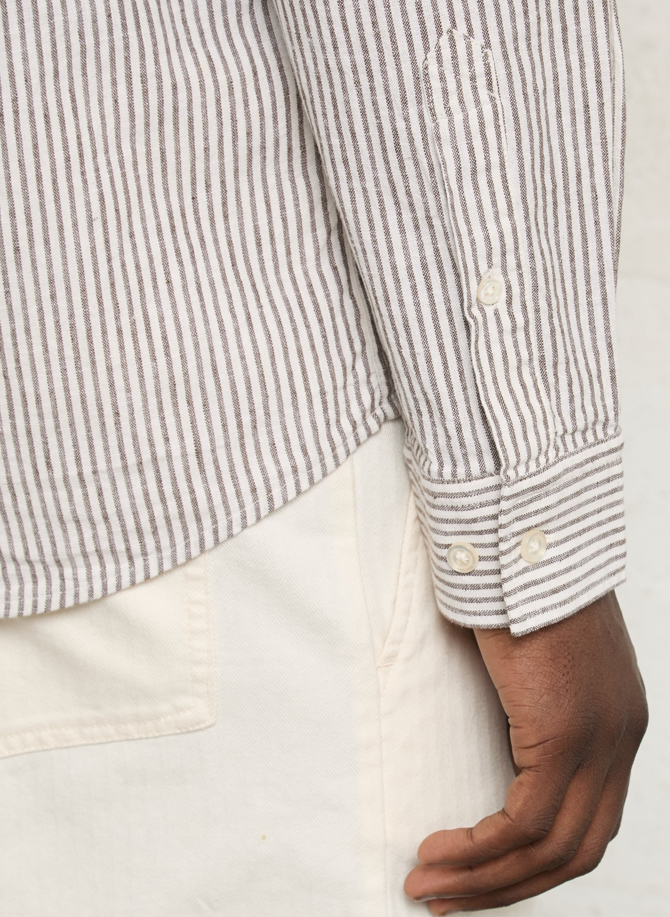 Chemise droite col américain rayée en coton et lin LES DEUX Marron