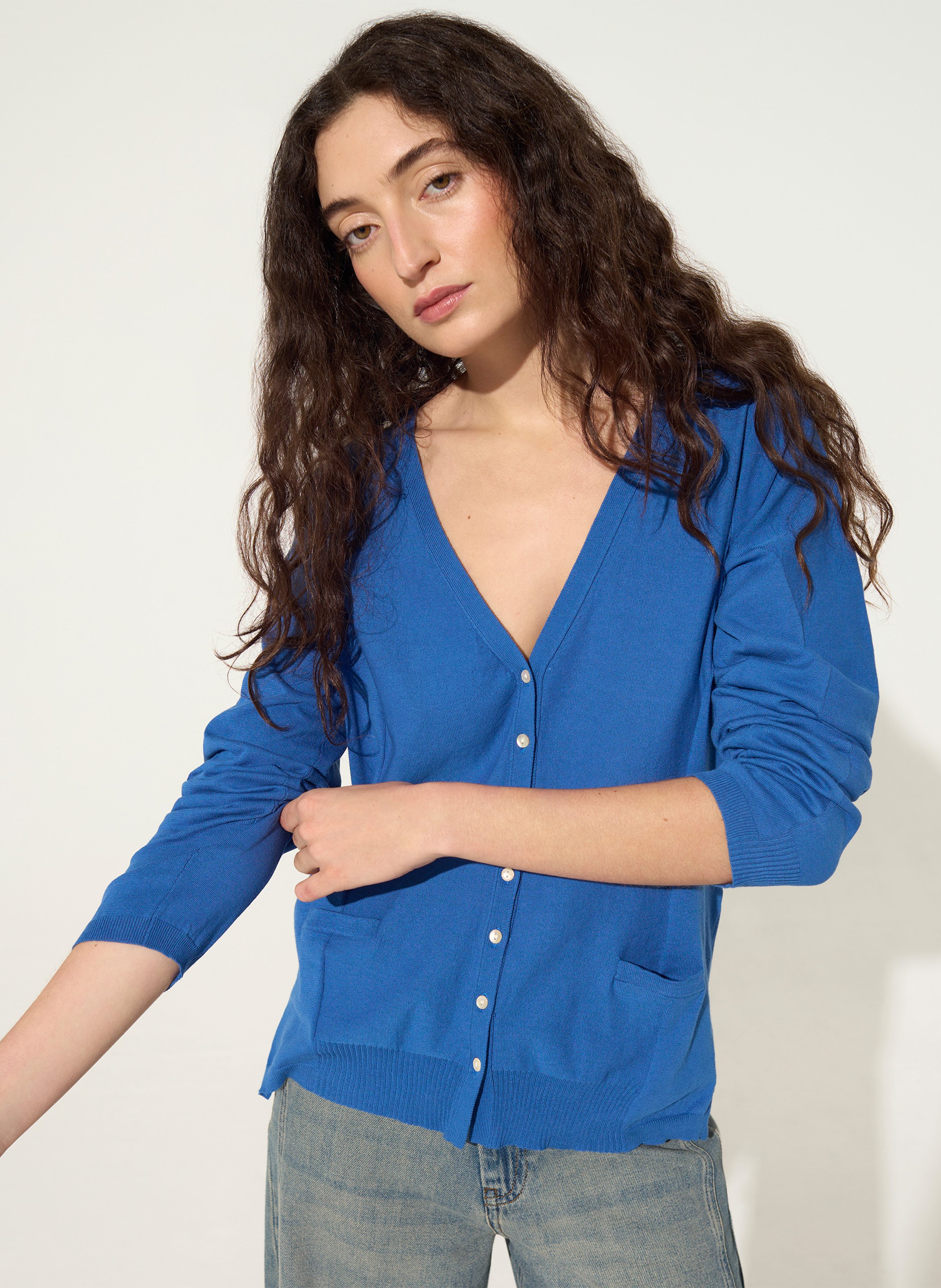 Gilet droit col V en coton bio COTELAC ACOTE Bleu