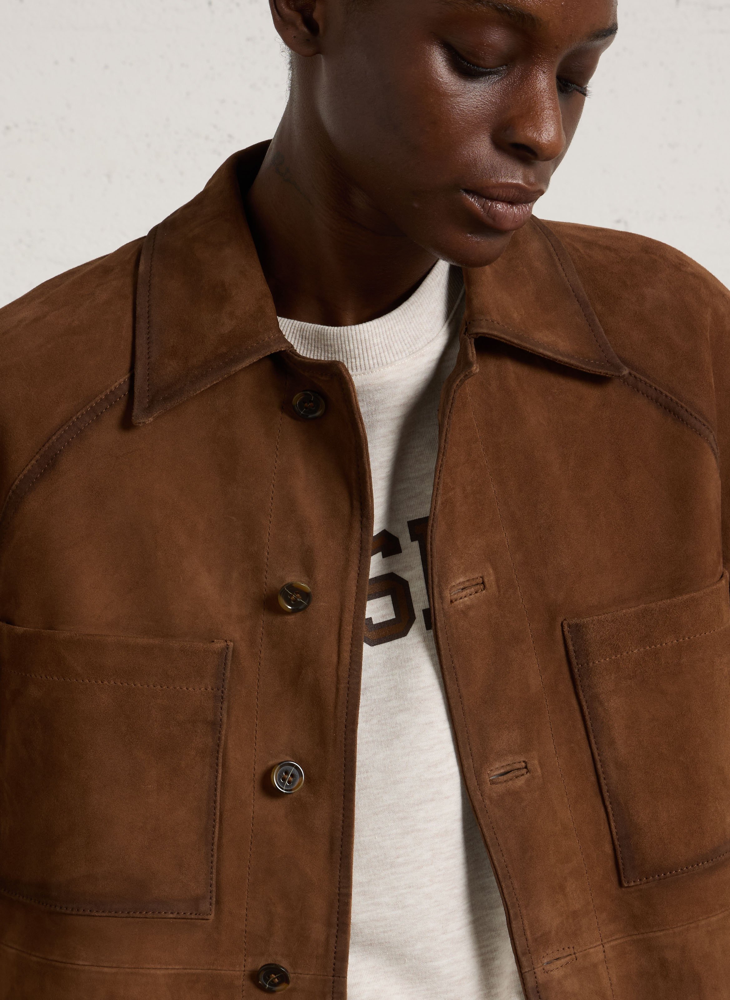 Oversized jacket with classic collar in suede leather MAISON 123 Brown