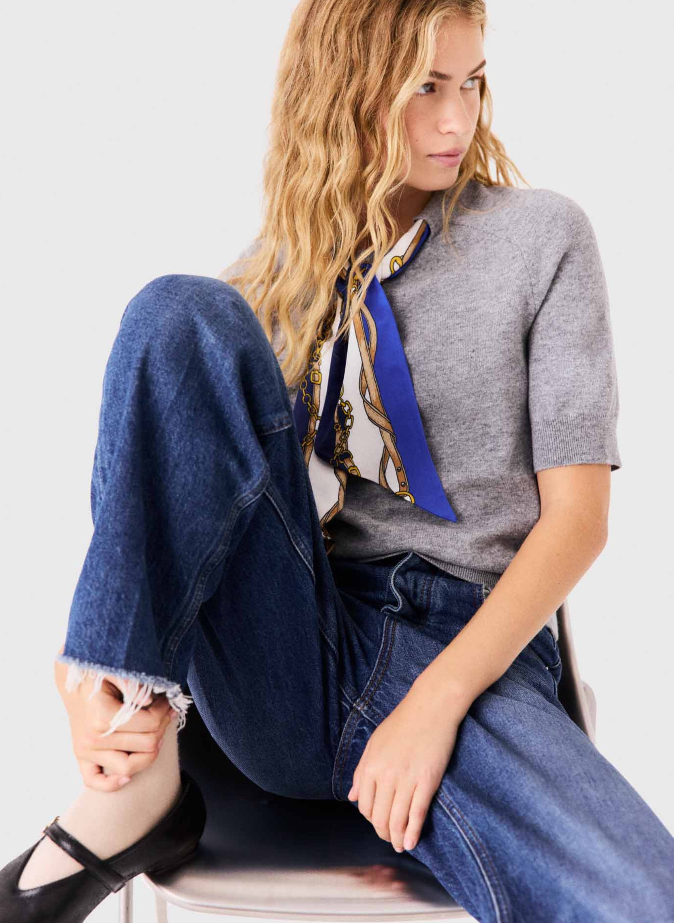 Pull droit col rond à foulard en laine mélangée MAJE Gris