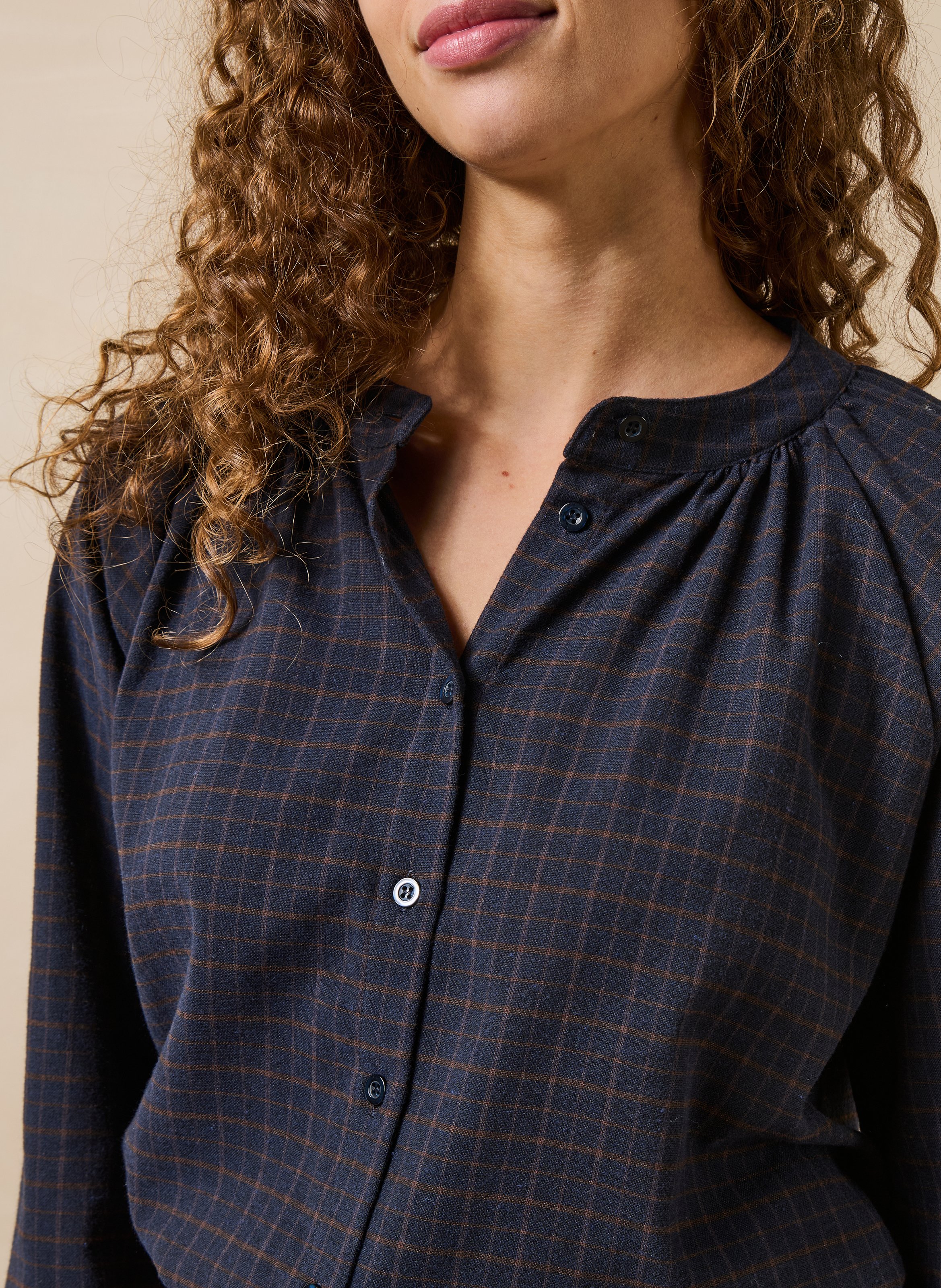 Straight-cut round-neck checked blouse in a cotton blend LA FEE MARABOUTEE Blue