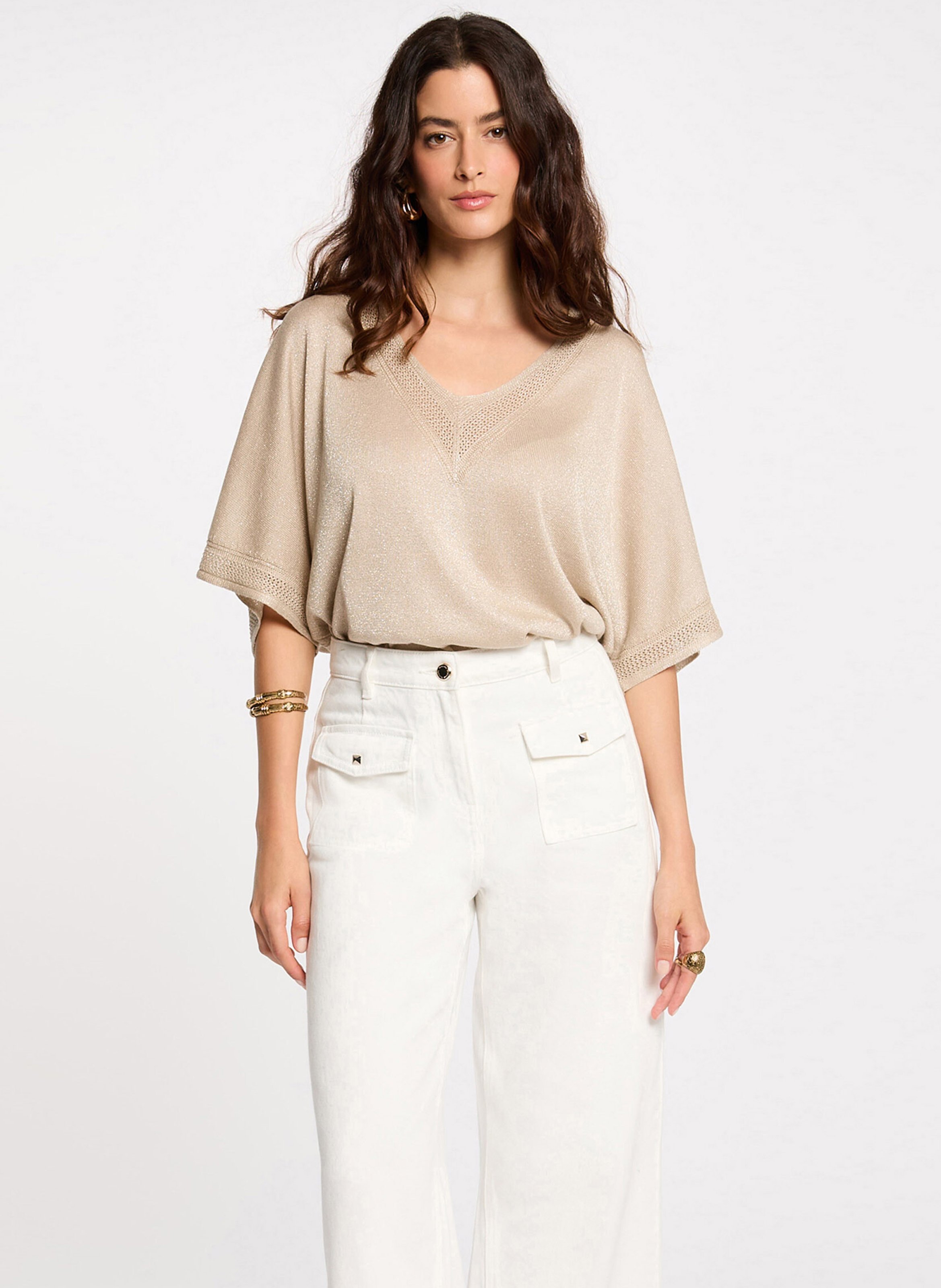 Straight V-neck sweater with metallic detail MORGAN Beige