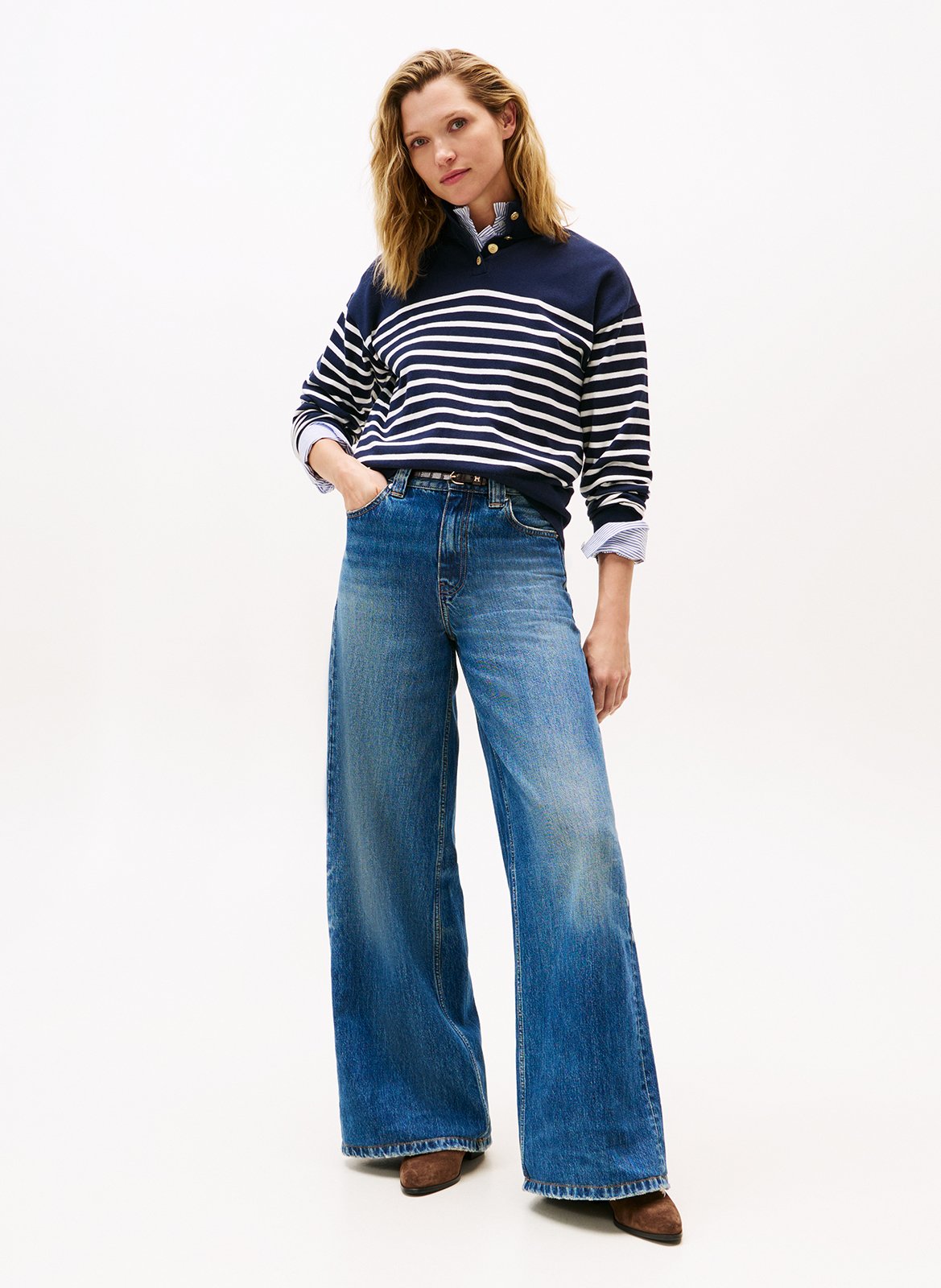 Pull col cheminée boutonné à rayures  TOMMY HILFIGER Bleu