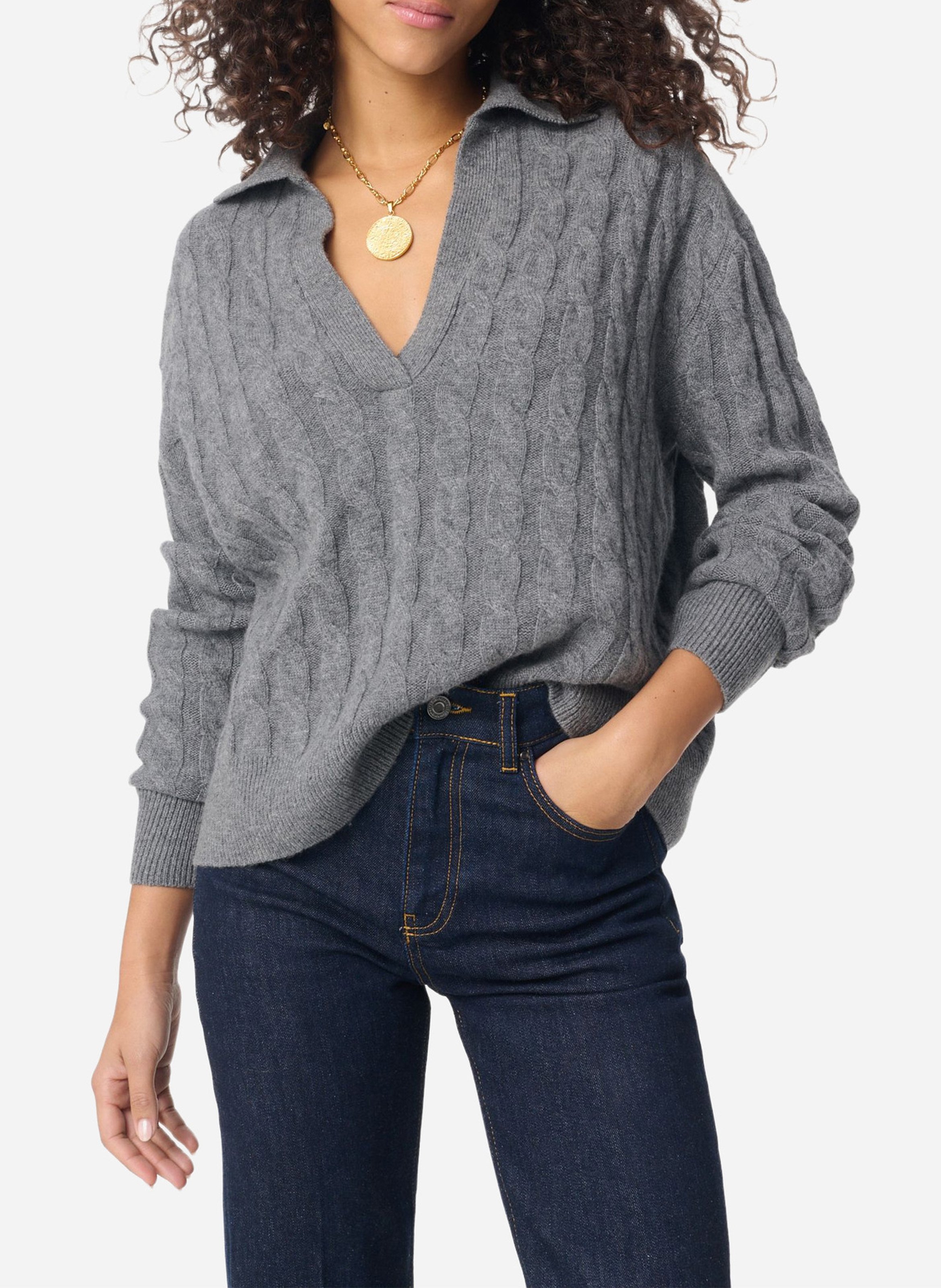 Pull droit col polo en laine et cachemire VANESSA BRUNO Gris
