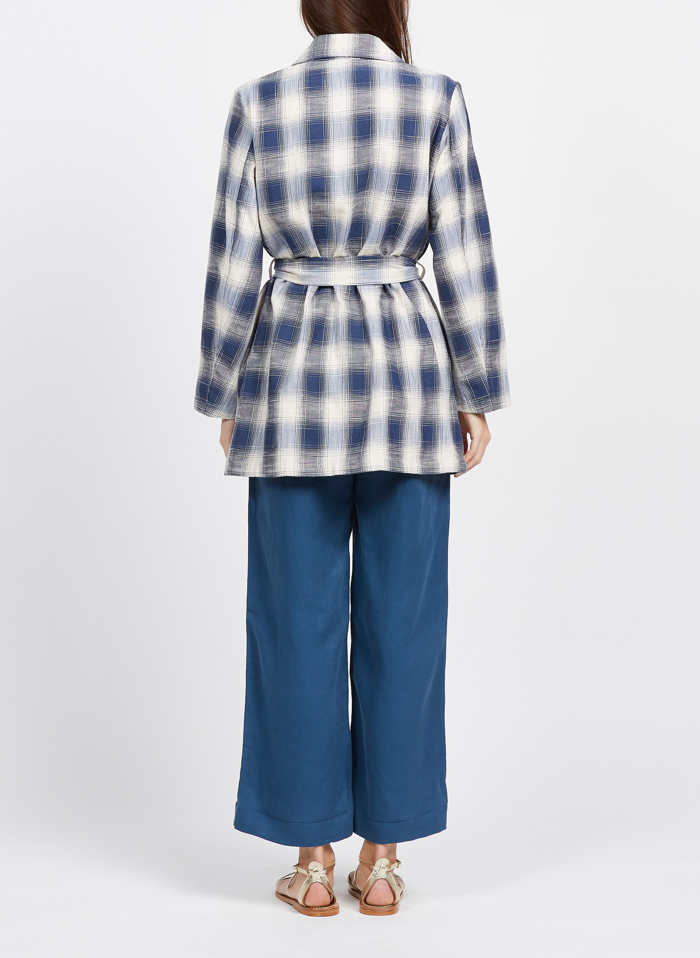 Veste tailleur longue à carreaux en coton mélangé  Bleu