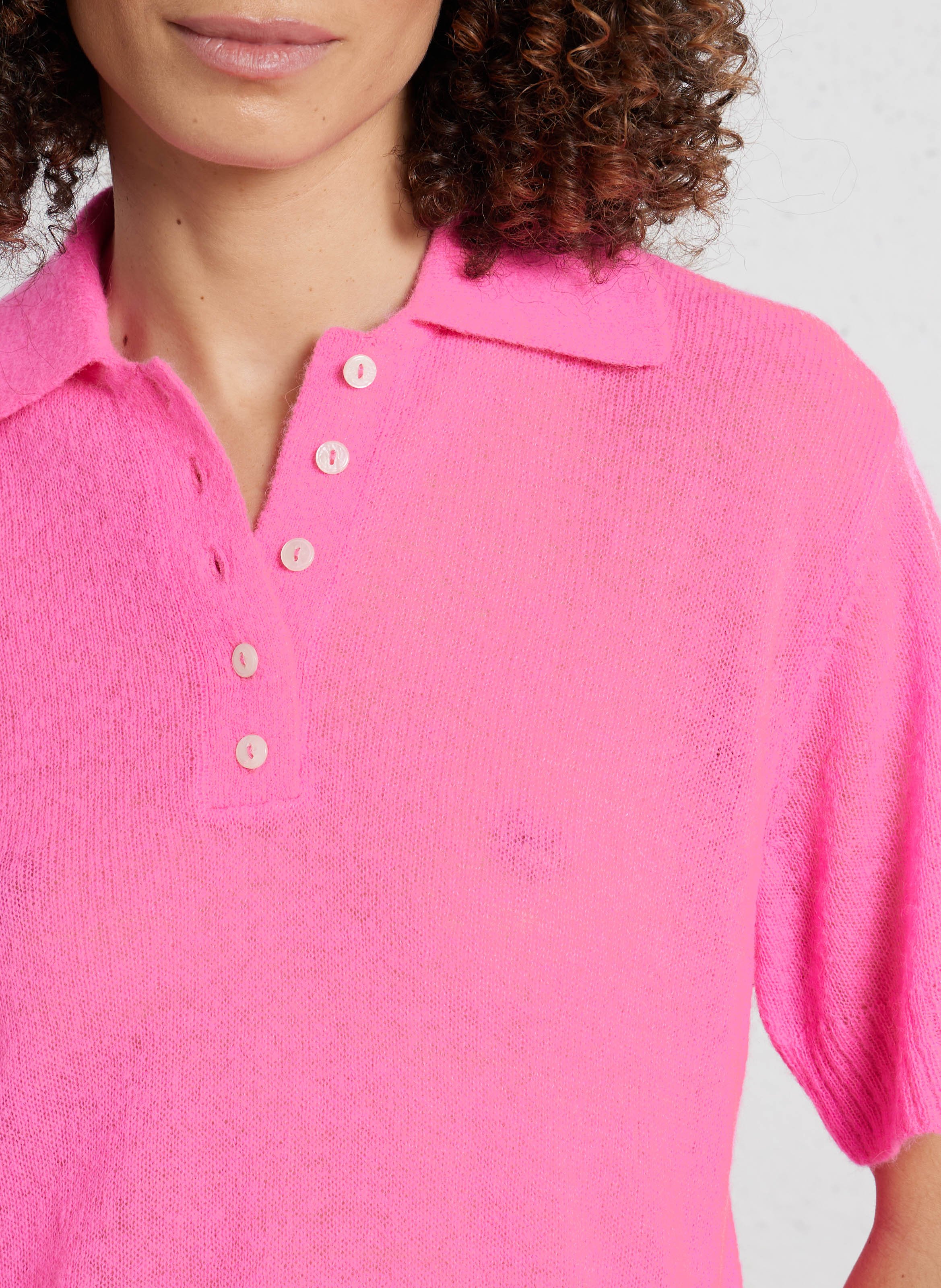 Pull droit col polo en laine mélangée DES PETITS HAUTS Rose