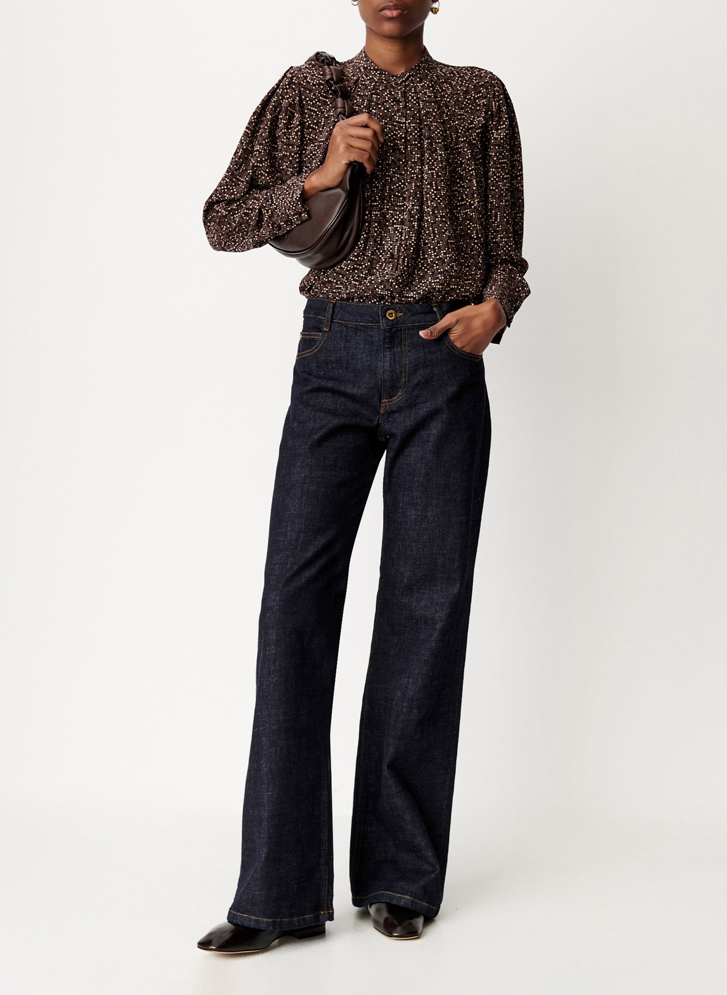 Fitted pleated checkered blouse SESSUN Brown