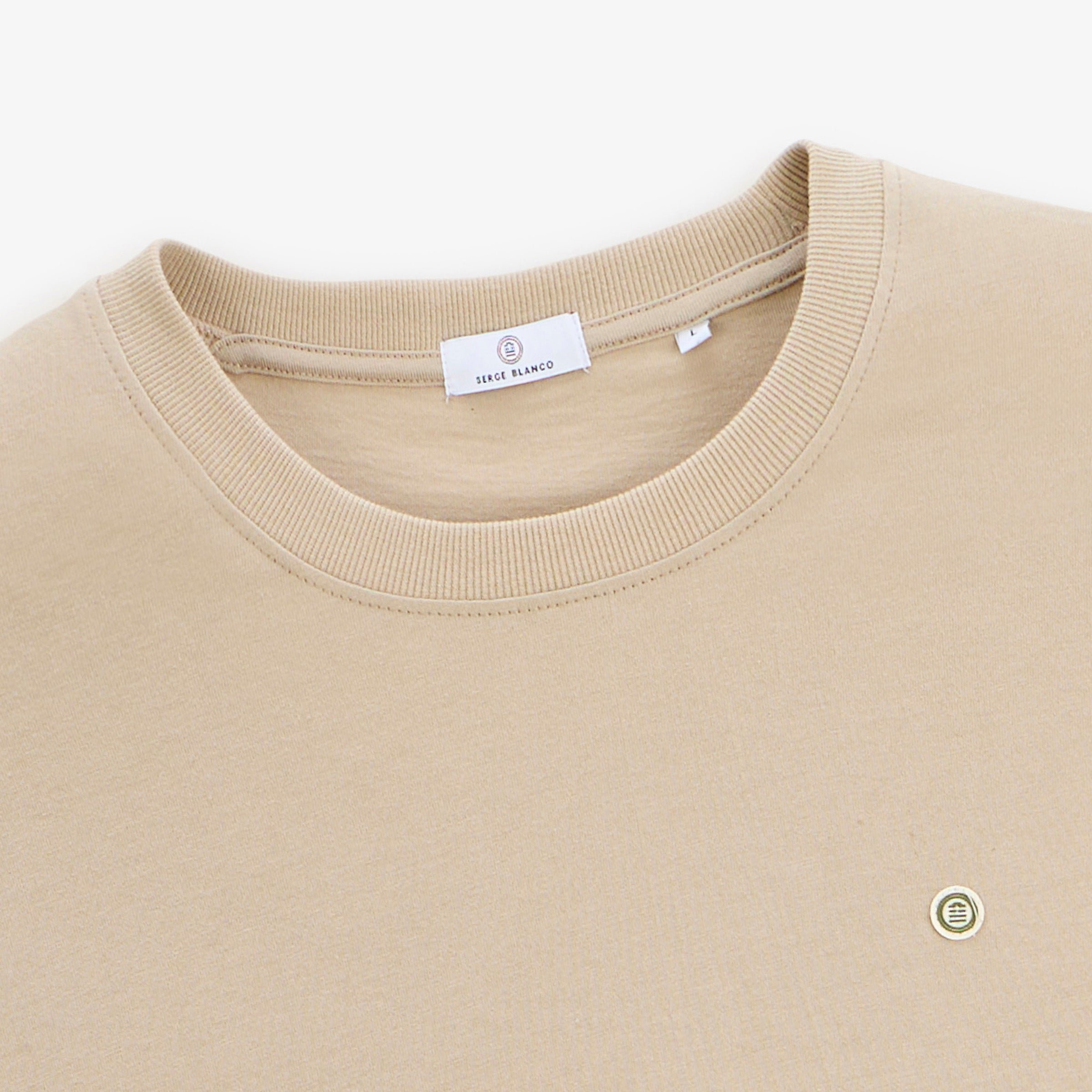 Short-sleeved T-shirt Théo, printed with Basque sardines on the back, in travertine beige. SERGE BLANCO Beige